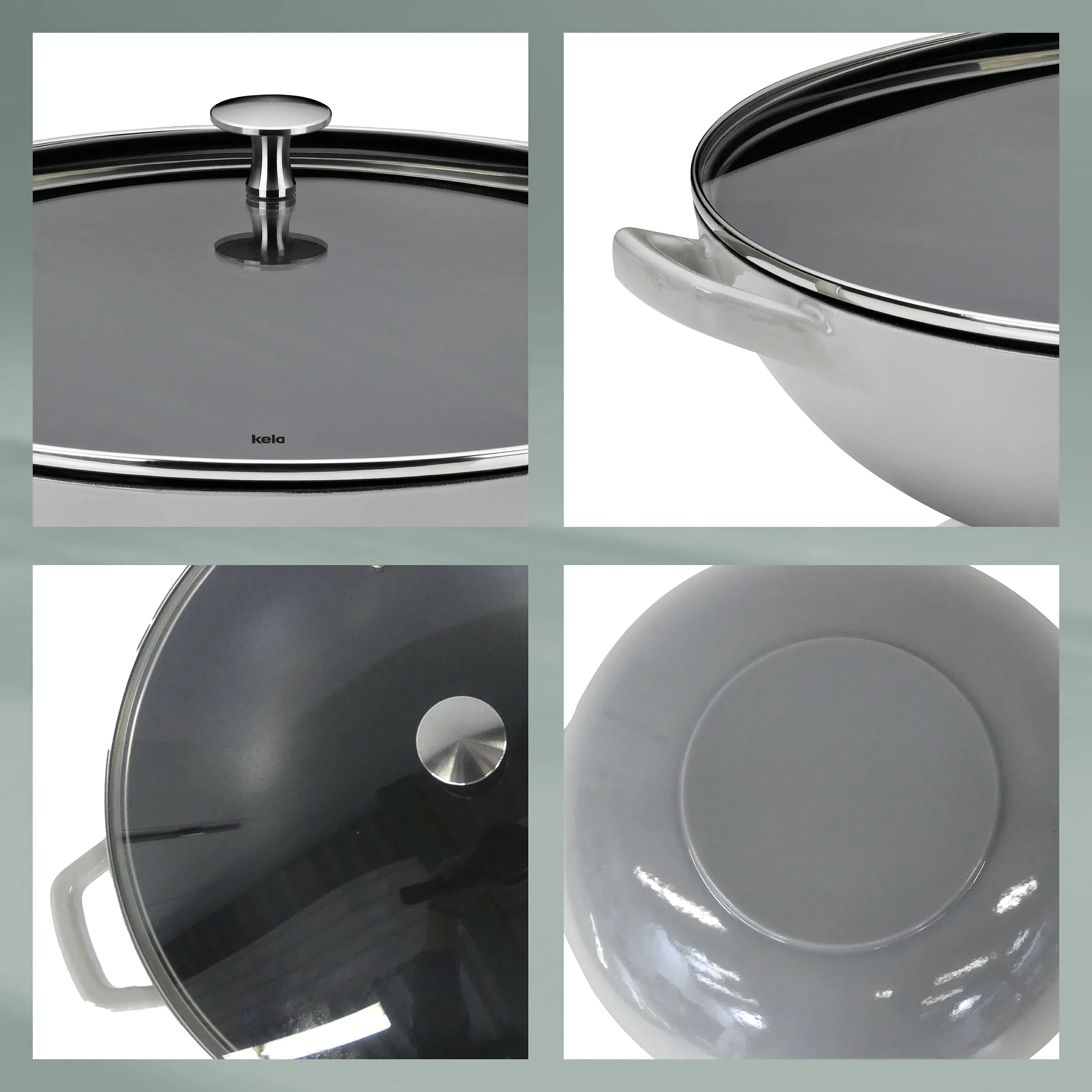 Kochtopf mit Glasdeckel Edelstahl Kochgeschirr Edelstahl-Kochtopf mit Glasdeckel, Seitengriff und metallischem Knopf auf dem Deckel, verschiedene Detailansichten