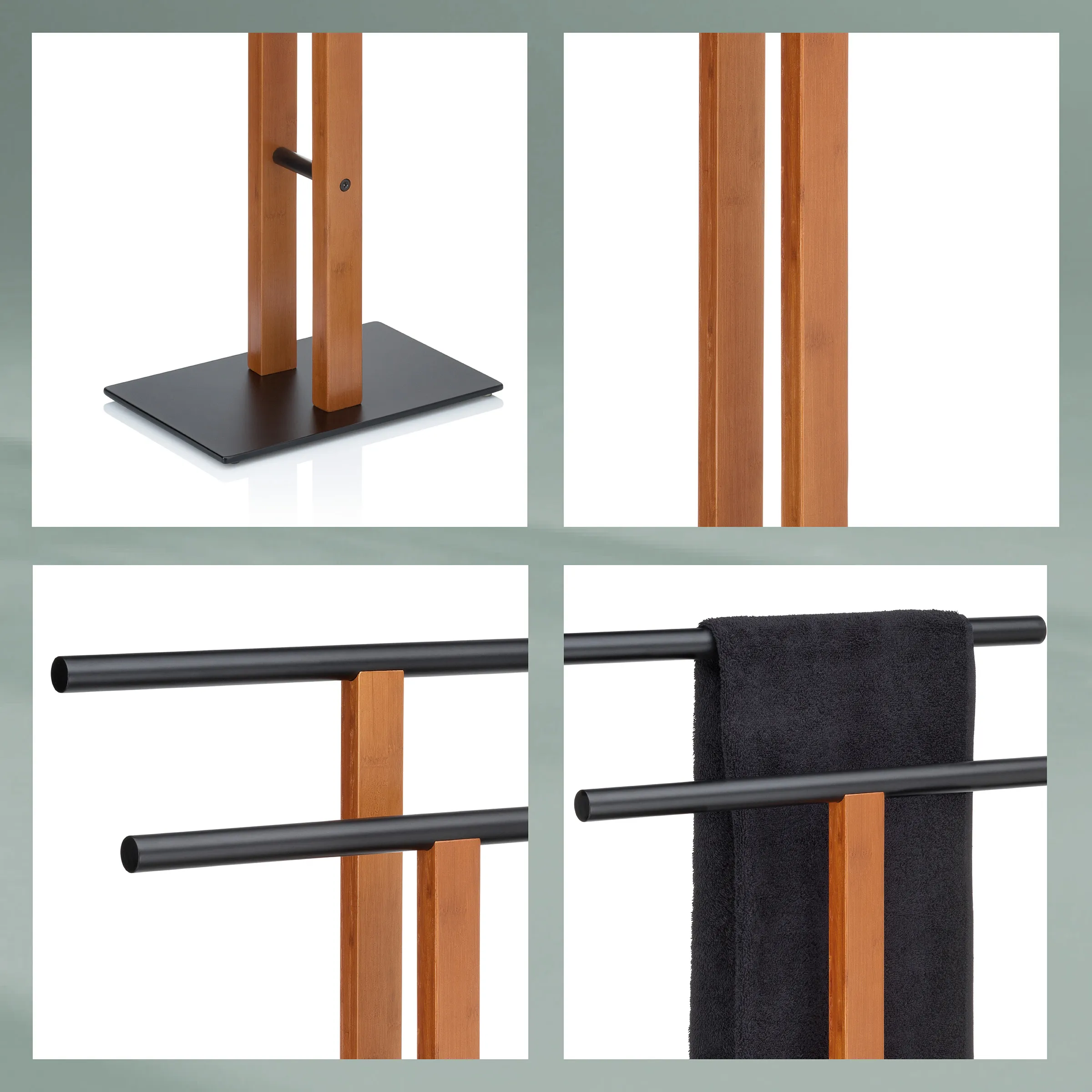 Holz Handtuchständer mit schwarzen Metallstangen Holzständer mit schwarzem Fuß und Handtuchstangen aus Metall zur Aufbewahrung von Handtüchern