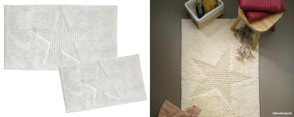 Weiße Badematten mit gesticktem Seestern-Motiv, Produktansicht und Rauminszenierung