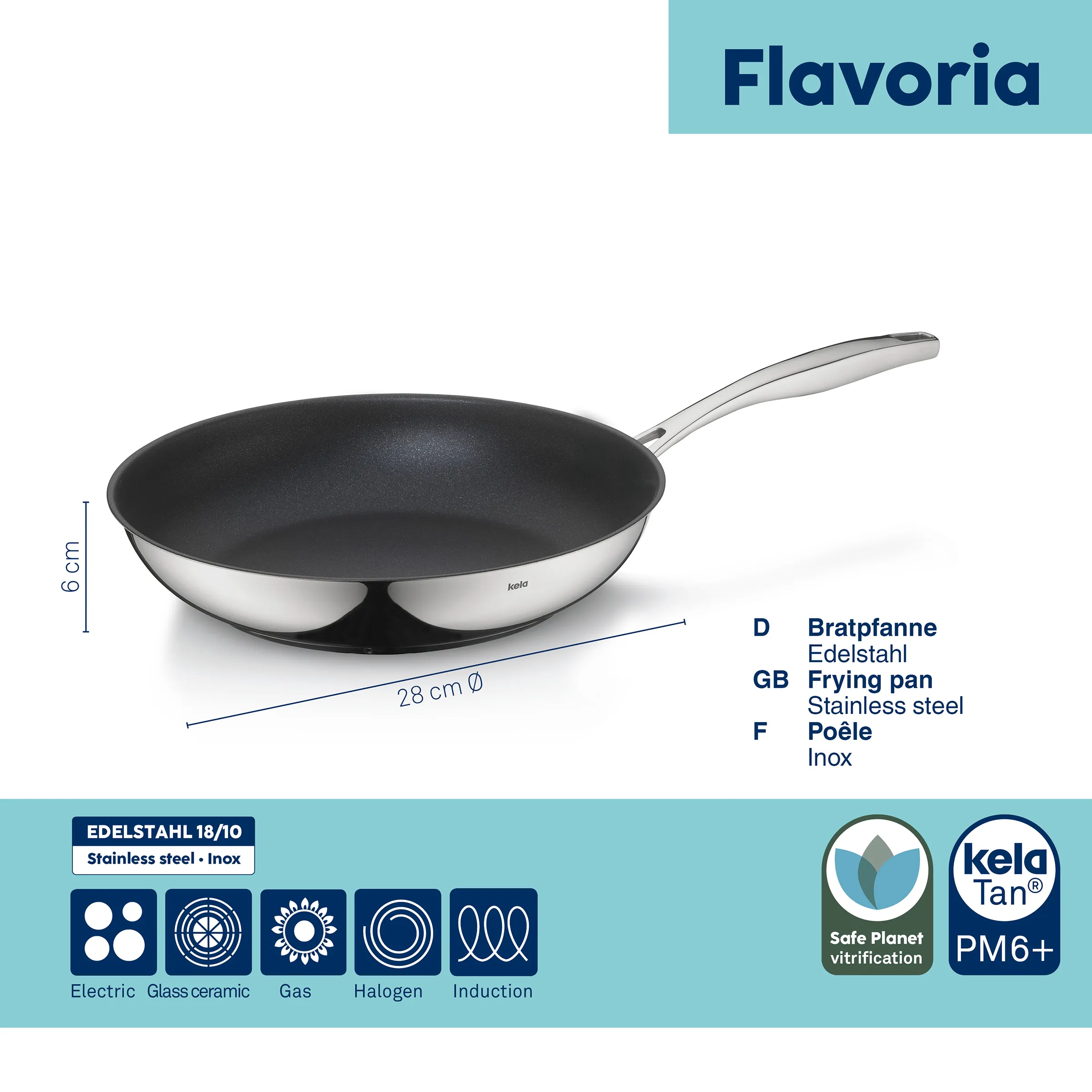 Edelstahl Bratpfanne 28 cm - Flavoria Inox Edelstahl-Bratpfanne Flavoria mit 28 cm Durchmesser, schwarzer Antihaftbeschichtung und silbernem Griff