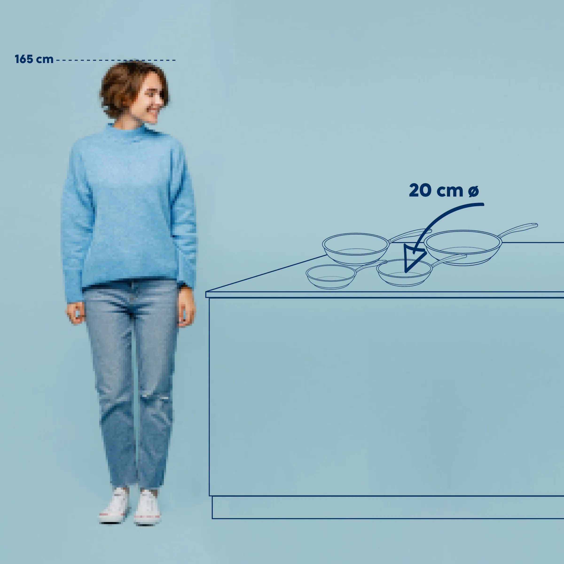 Person neben Küchentheke mit Schalen, Größenvergleich 165 cm Höhe und 20 cm Durchmesser