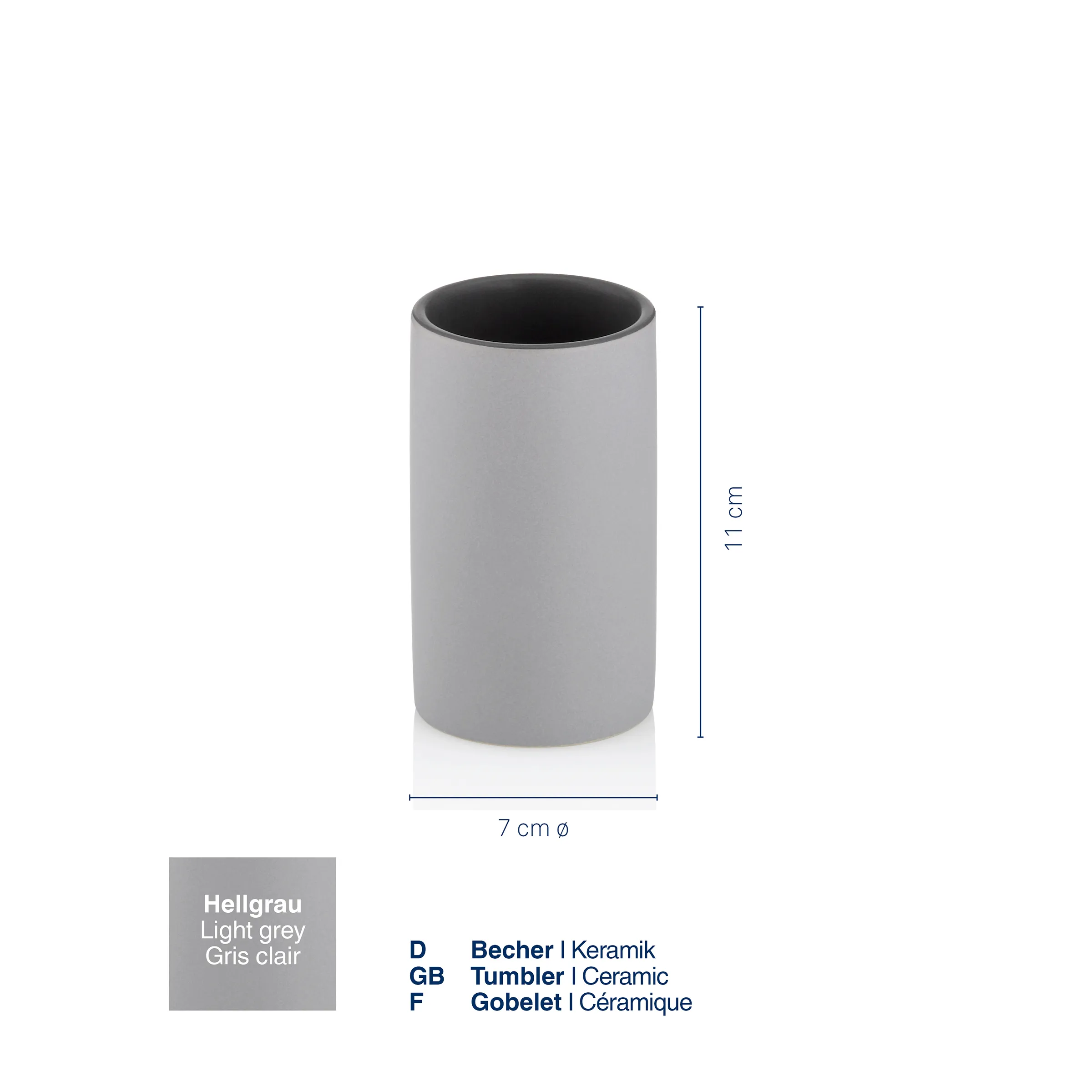 Keramikbecher Hellgrau 11 cm – Moderner Trinkbecher aus Keramik Hellgrauer Keramikbecher, 11 cm hoch und 7 cm Durchmesser, auf weißem Hintergrund mit Maßangaben