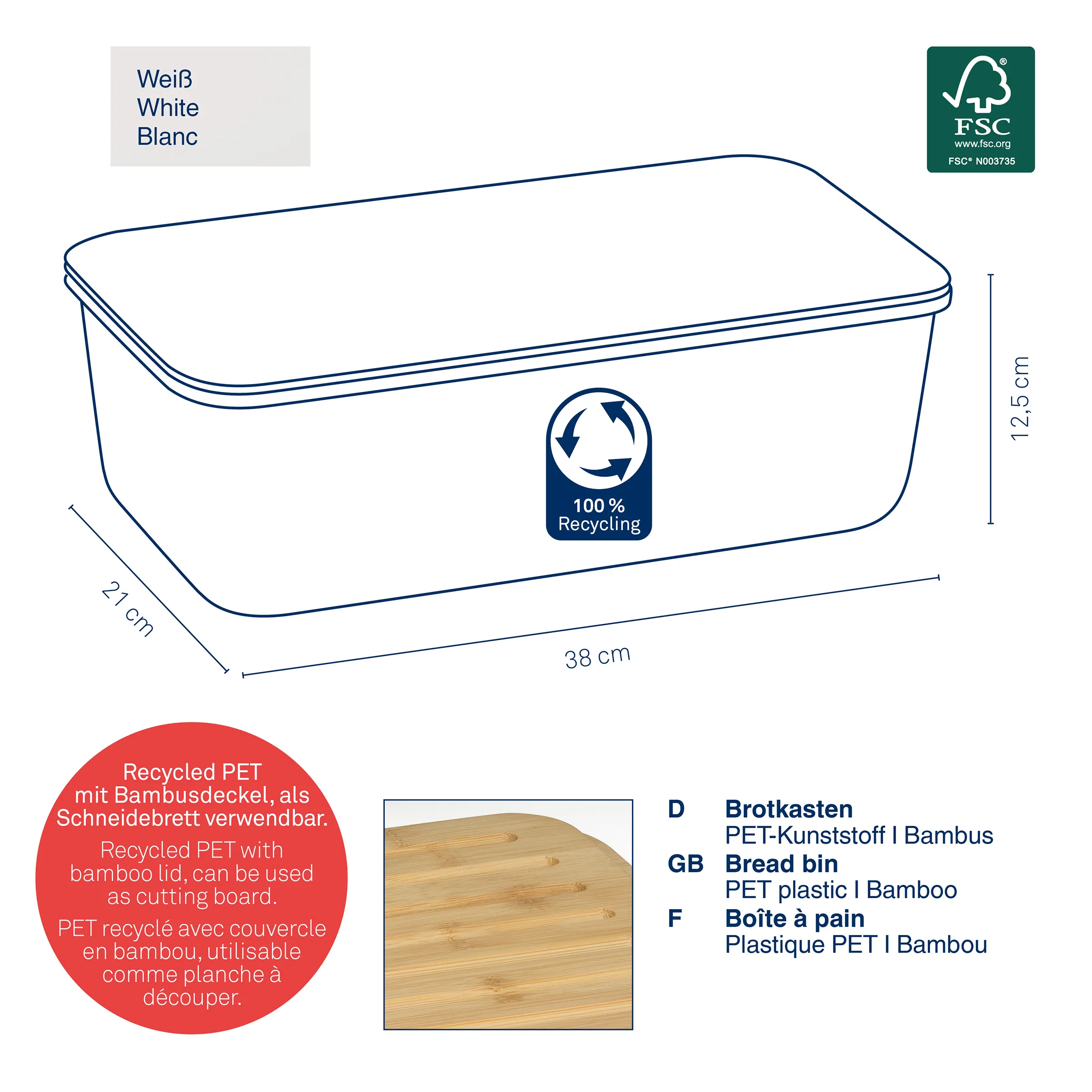 Brotkasten PET-Kunststoff mit Bambusdeckel – FSC-zertifiziert, 100% recycelt Weißer Brotkasten aus recyceltem PET mit Bambusdeckel, 38x21x12,5 cm, FSC-zertifiziert, 100% Recycling-Symbol