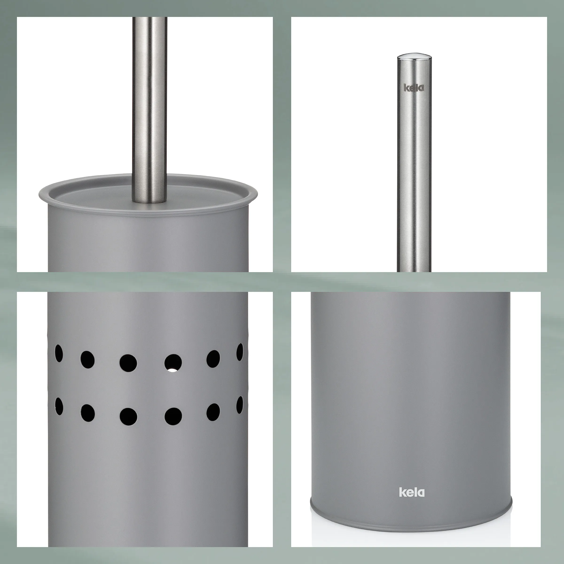 Kela Toilettenbürste grau - WC-Bürste mit Behälter Kela Toilettenbürste mit grauem Behälter, Edelstahlstiel und Lochdesign, vier Ansichten des Produkts