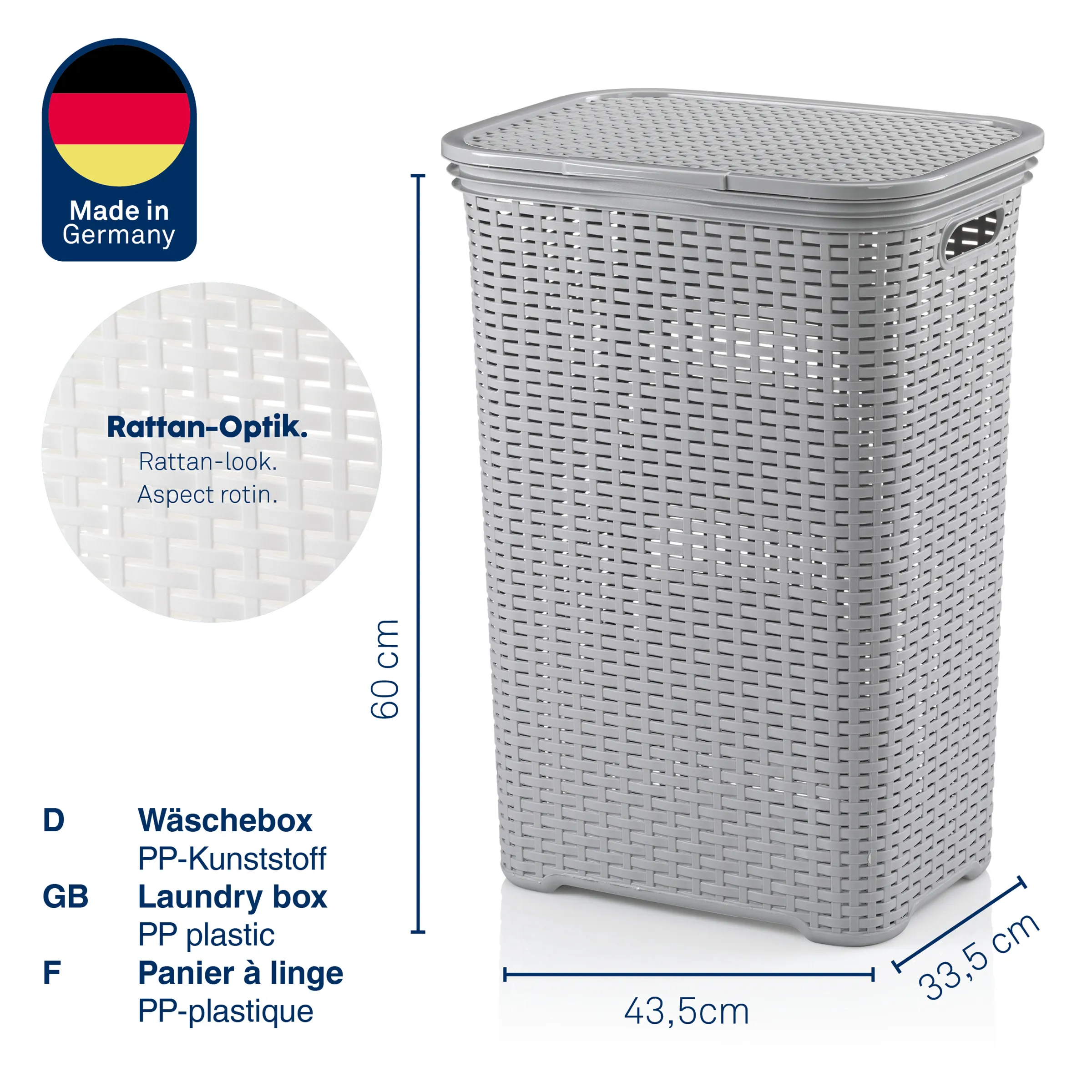 Wäschebox Rattan-Optik PP-Kunststoff 60cm Graue Kunststoff-Wäschebox mit Rattan-Optik und Deckel, 43,5 x 33,5 x 60 cm, Made in Germany