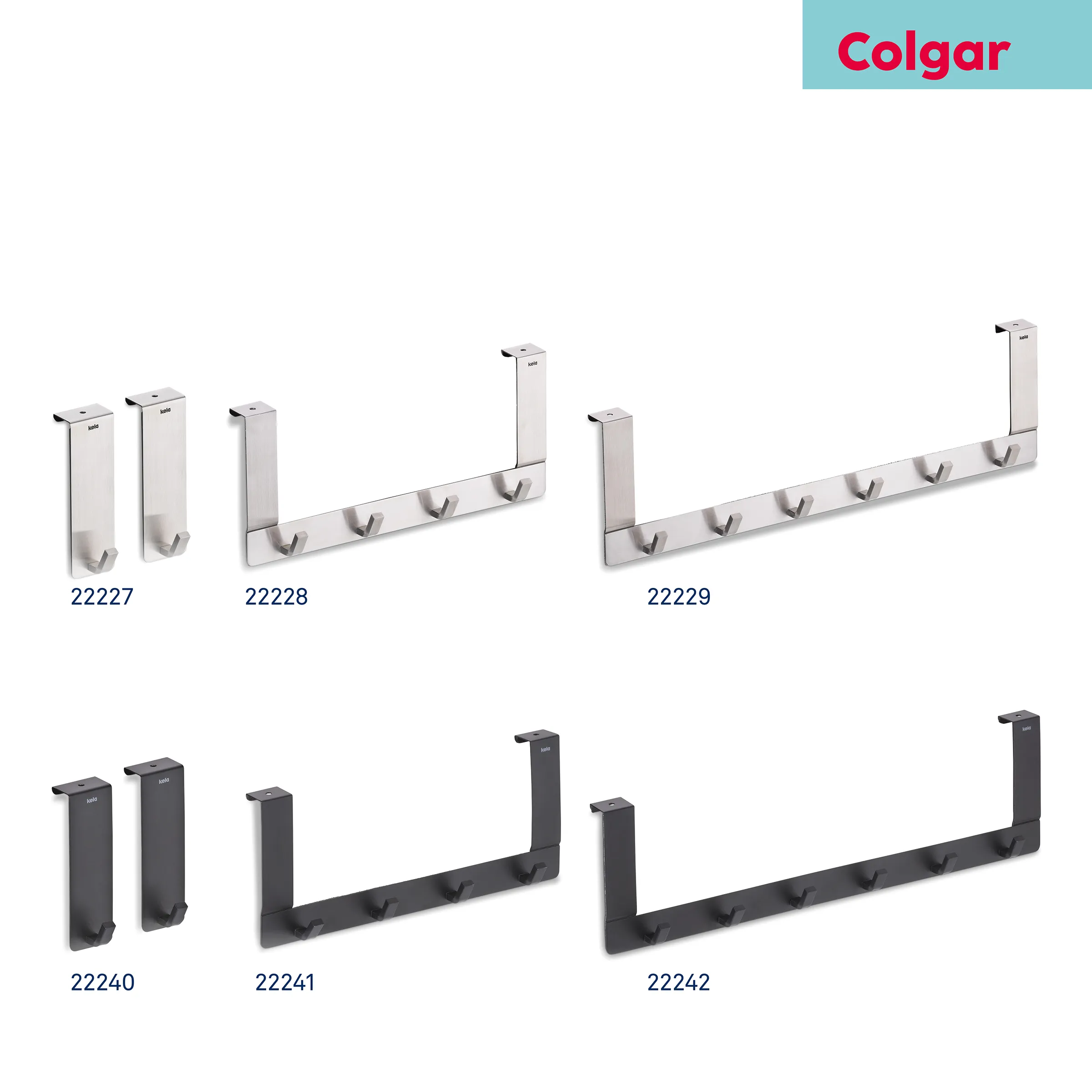 Colgar Haken und Hakenleisten - Stilvolle Garderobenlösungen Colgar Haken und Hakenleisten in Silber und Schwarz in verschiedenen Größen und Ausführungen mit Produktnummern