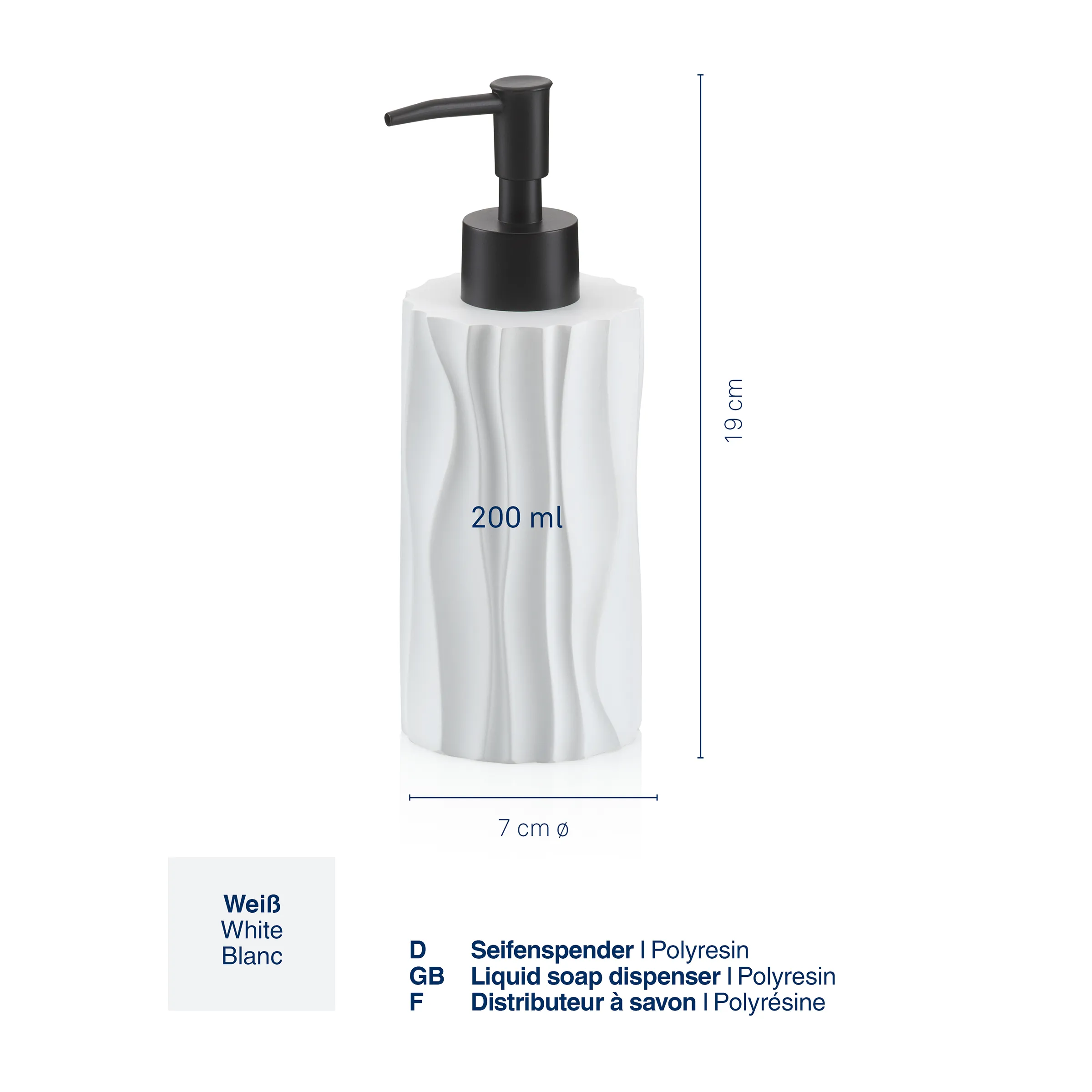Seifenspender Polyresin weiß 200 ml Weiße Seifenspender aus Polyresin mit schwarzer Pumpe, 200 ml Fassungsvermögen, 19 cm Höhe und 7 cm Durchmesser.