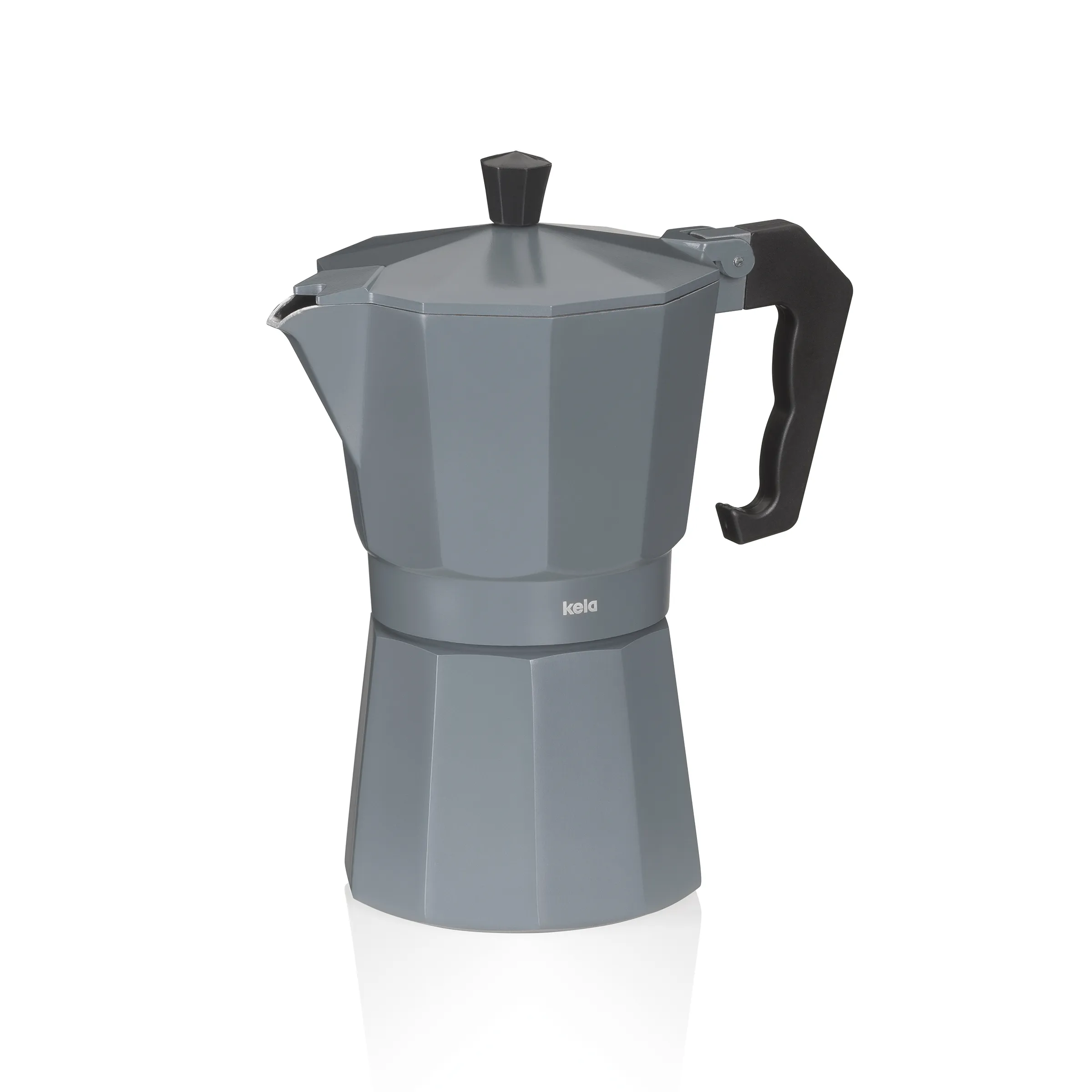Mokkakanne Espressokanne Kela grau Grauer Mokkakanne von Kela mit schwarzem Griff und Deckel auf weißem Hintergrund
