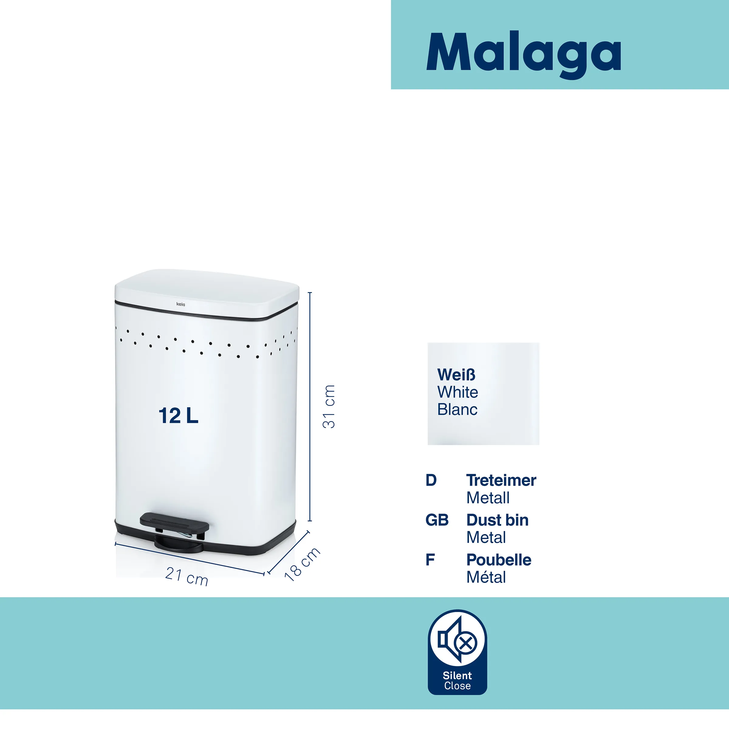 Malaga Treteimer 12L weiß - Edelstahl Mülleimer Weiße Malaga Treteimer mit 12 Liter Fassungsvermögen, Abmessungen 21x18x31 cm, Metallausführung mit Silent Close Funktion