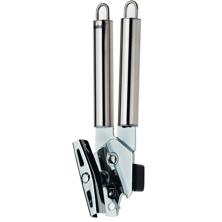 Edelstahl-Dosenöffner mit ergonomischen Griffen - Manueller Küchenhelfer Edelstahl-Dosenöffner mit zwei vertikalen Griffen und Drehmechanismus auf weißem Hintergrund