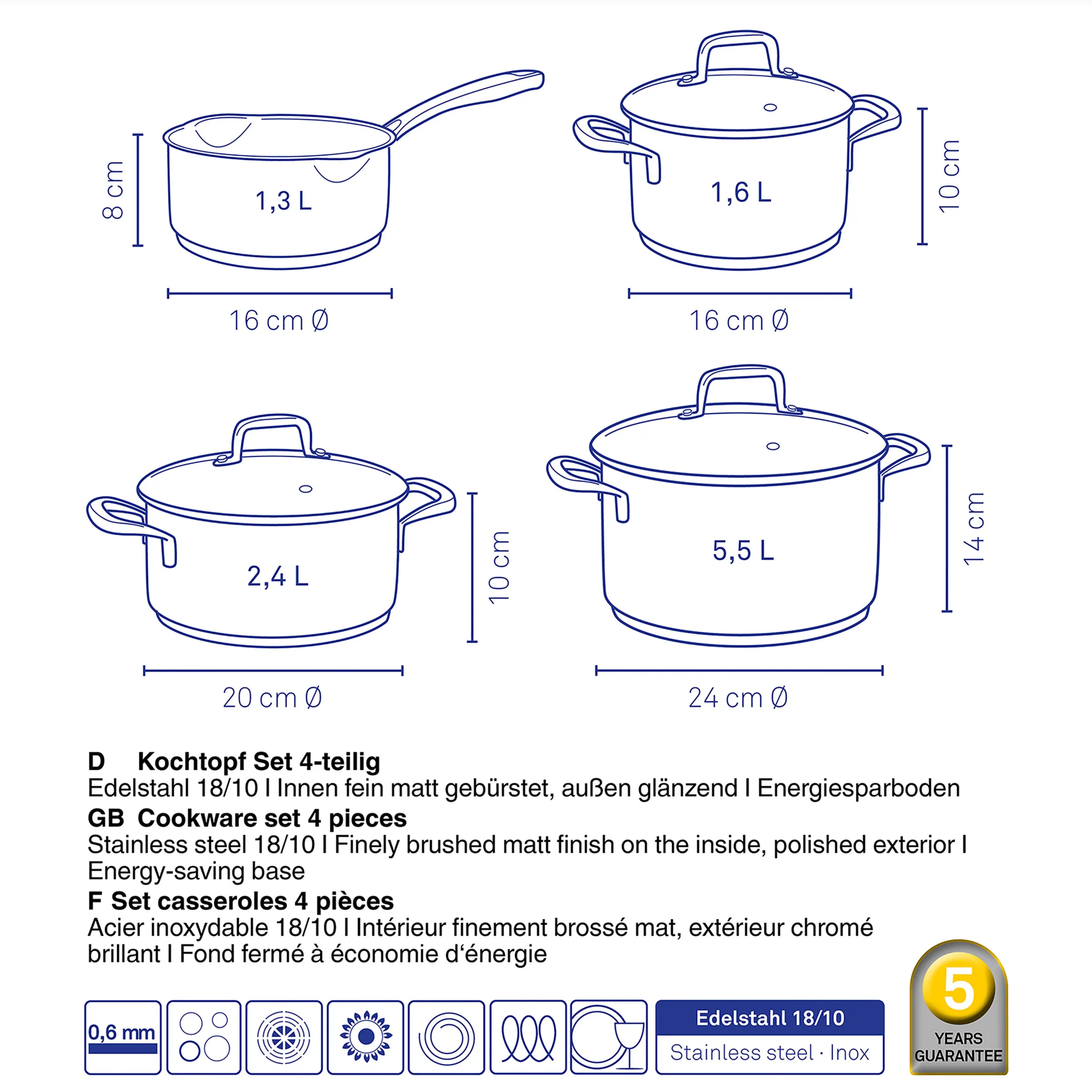 4-teiliges Kochtopf-Set aus Edelstahl mit Deckeln: Saucepan 1,3L, Töpfe 1,6L, 2,4L und 5,5L mit Abmessungen