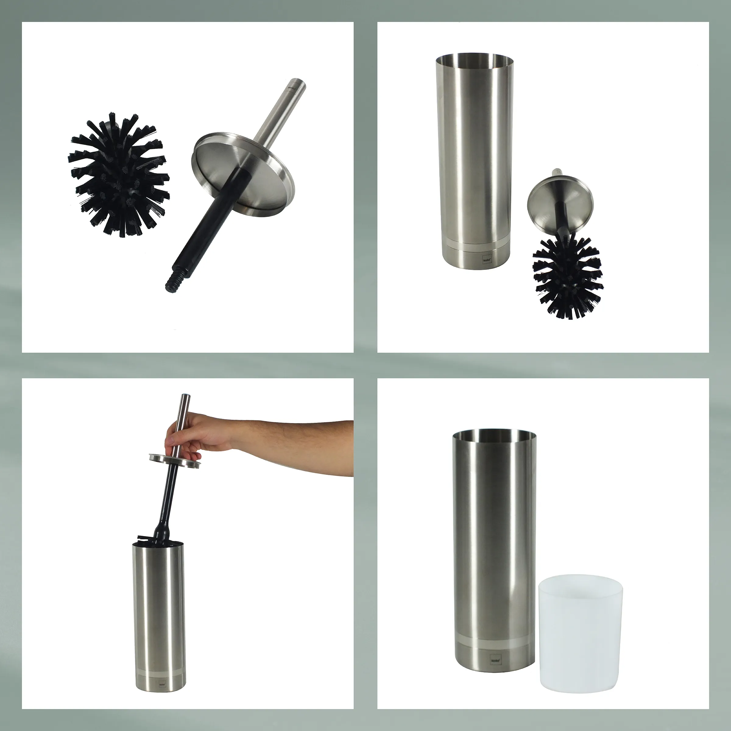 Edelstahl Toilettenbürste mit Halter - Design WC-Garnitur Set Edelstahl Toilettenbürste mit schwarzem Bürstenkopf und Halter, vierteilige Produktansicht