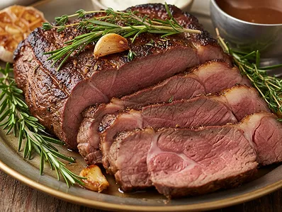 Roastbeef-Braten medium rare mit Rosmarin und Knoblauch Saftiger Roastbeef-Braten aufgeschnitten auf Teller mit Rosmarin, Knoblauch und Soße garniert