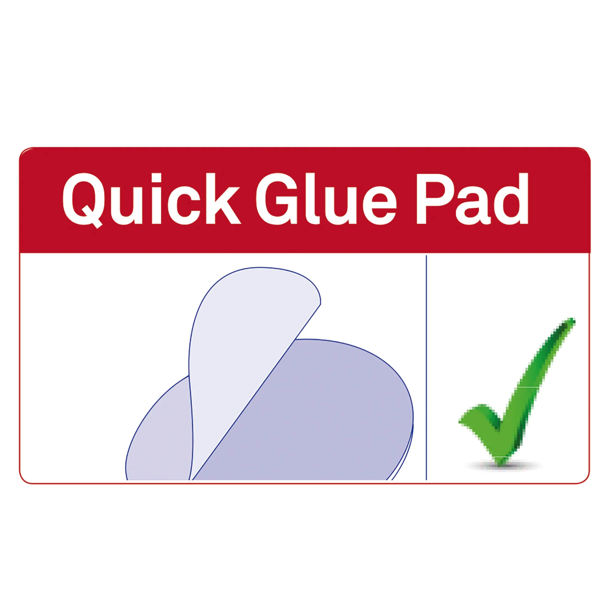 Quick Glue Pad - Schnelle Klebepads für einfaches Basteln und Befestigen Quick Glue Pad Verpackung mit rotem Hintergrund, Abbildung von Klebepads und grünem Häkchen