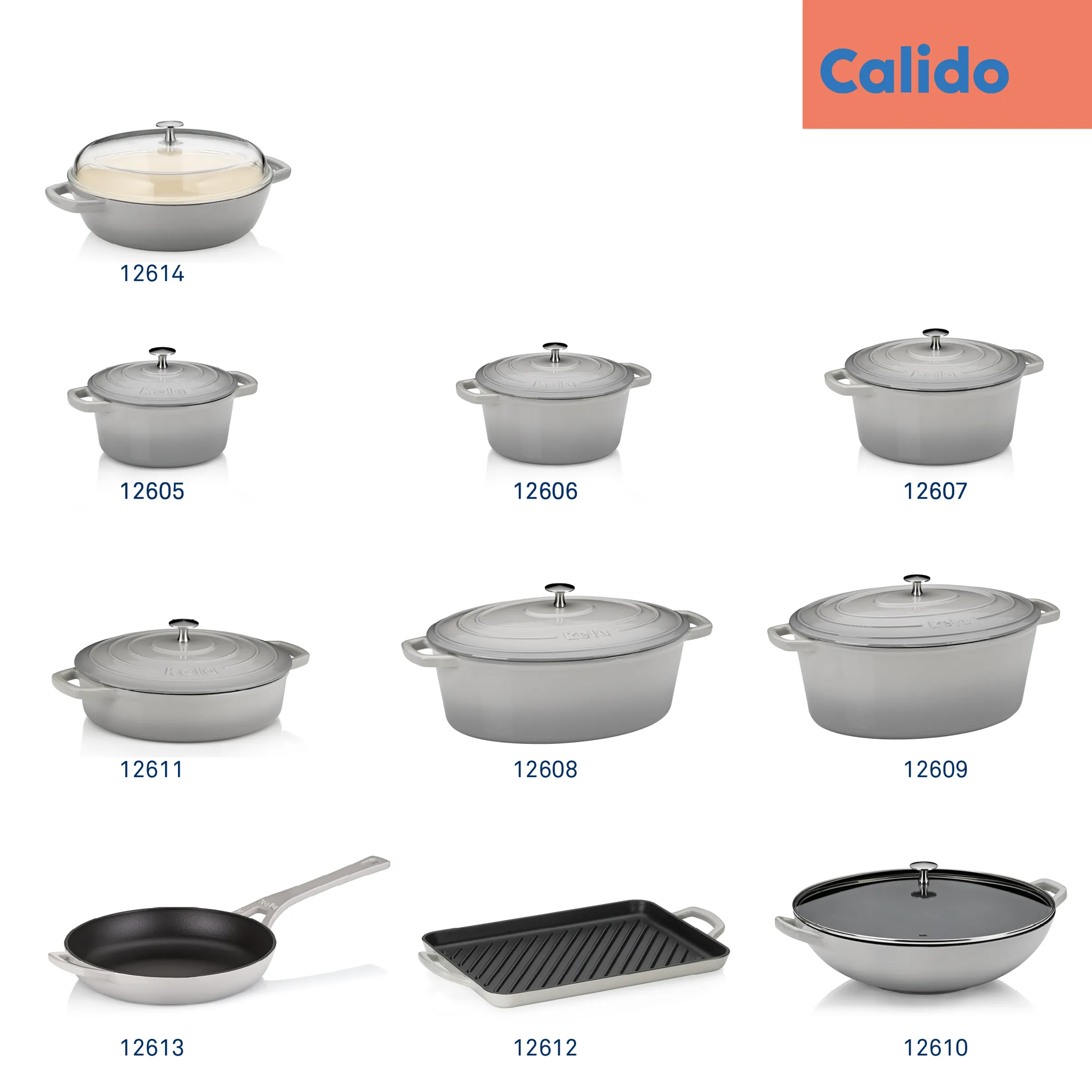 Calido Gusseisen Kochgeschirr Set - Premium Bräter und Töpfe Calido Produktkollektion mit Gusseisen-Brätern, Kochtöpfen, Pfannen und Grillplatte in verschiedenen Größen und Ausführungen