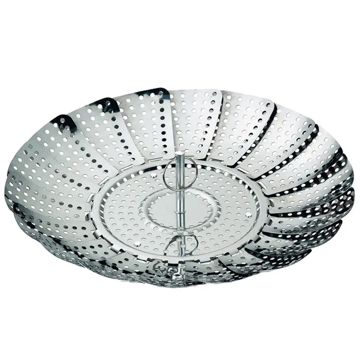 Gemüse-Dämpfeinsatz Edelstahl klappbar Edelstahl-Dämpfeinsatz mit Perforationen und fächerförmig eingeklappten Metalllamellen zur Verwendung in Kochtöpfen.