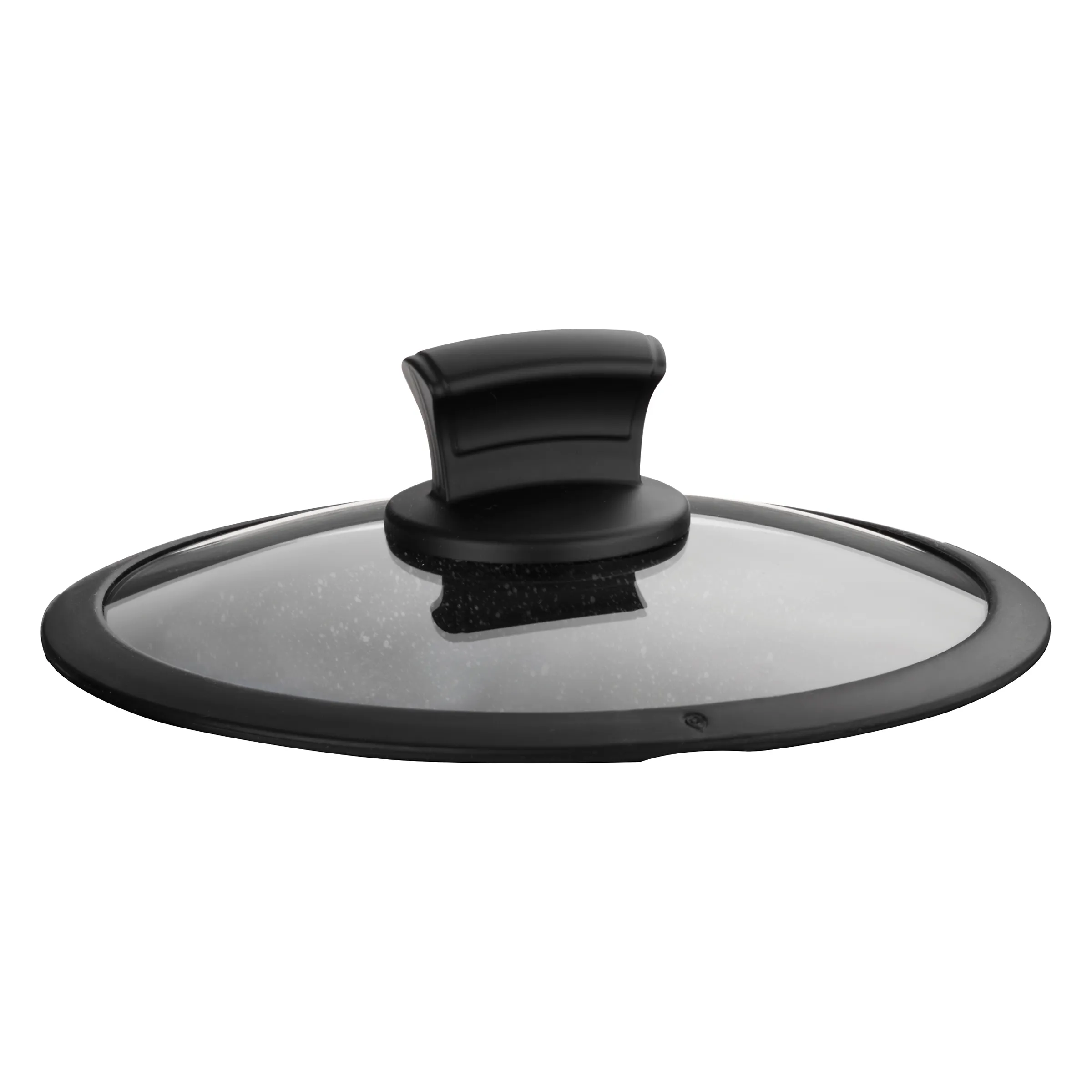 Glasdeckel für Topf - universal Deckel mit Griff Glasdeckel mit schwarzem Rand und Griff für Kochtöpfe und Pfannen isoliert vor weißem Hintergrund