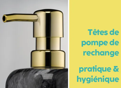 Têtes de pompe de rechange - pratique & hygiénique Tête de pompe dorée sur flacon noir avec texte sur les têtes de rechange
