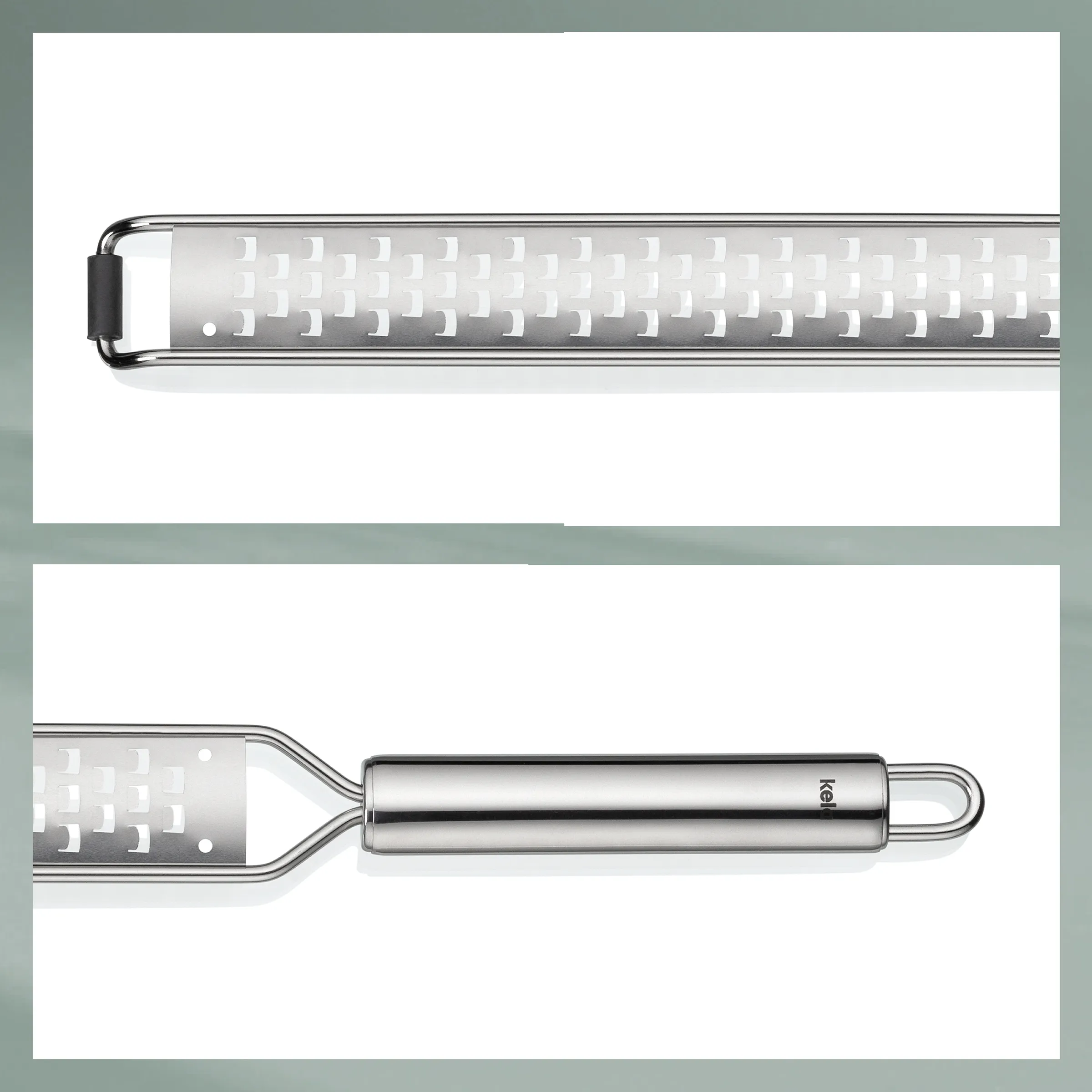 Edelstahl-Küchenreibe mit Griff - Premium Reibe Edelstahl-Küchenreibe mit Griff von zwei Perspektiven: Draufsicht und Seitenansicht mit ergonomischem Edelstahlgriff