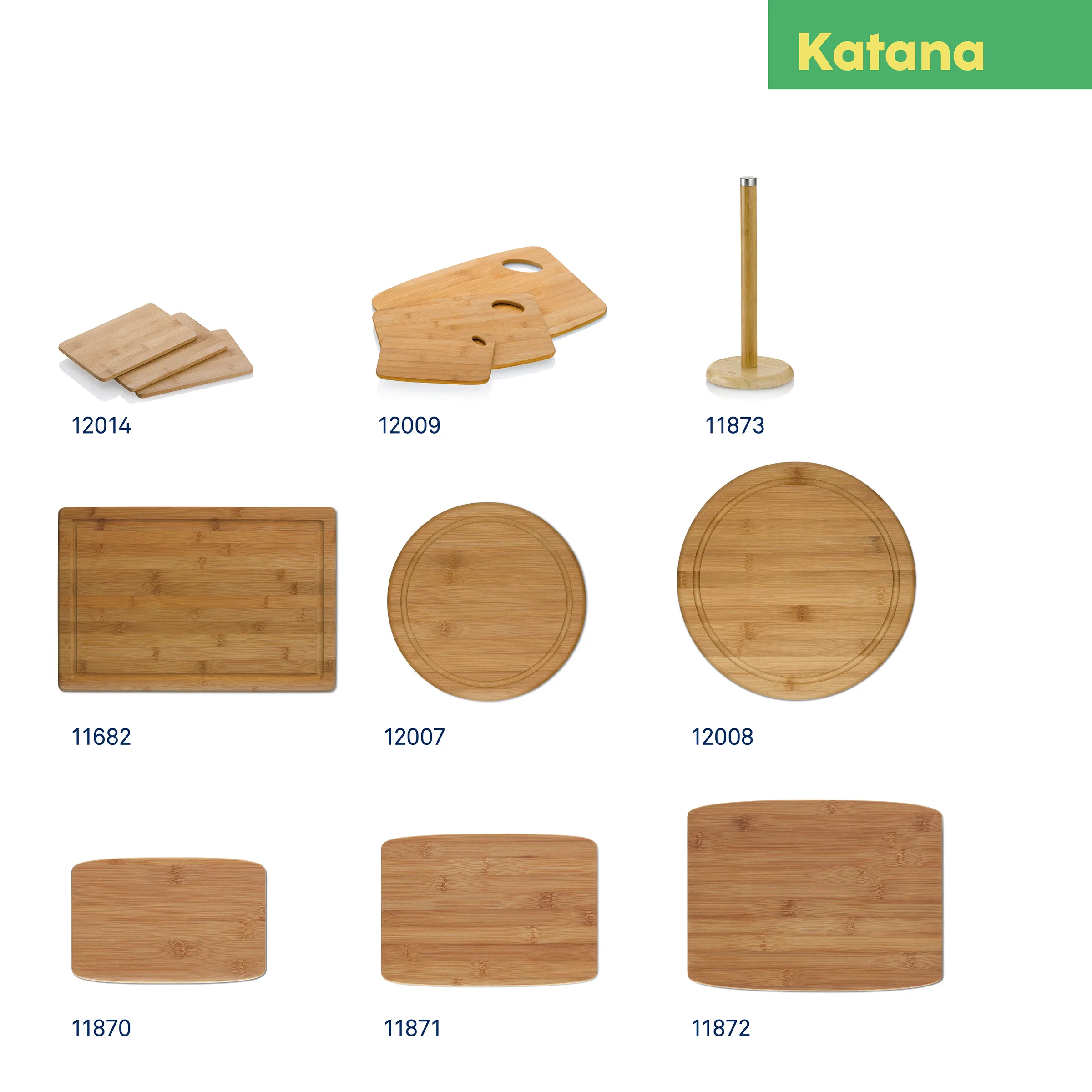 Katana Bamboo Schneidbretter & Küchenboards - Holzarbeitsplatten Set Kollektion von Katana Bambus-Küchenboards und Zubehör: Schneidbretter in verschiedenen Formen und Größen, Holzplatte und Serviertablett
