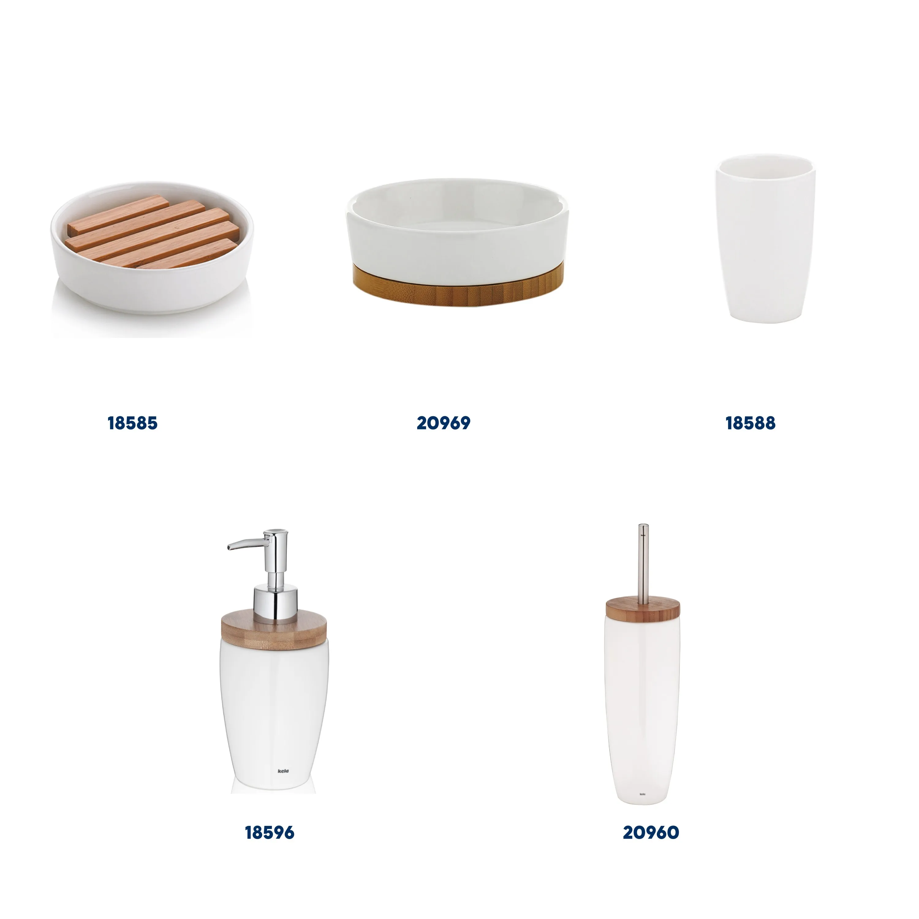 Cinq accessoires de salle de bain blancs avec détails en bois : porte-savon, bol, tasse, distributeur et brosse WC