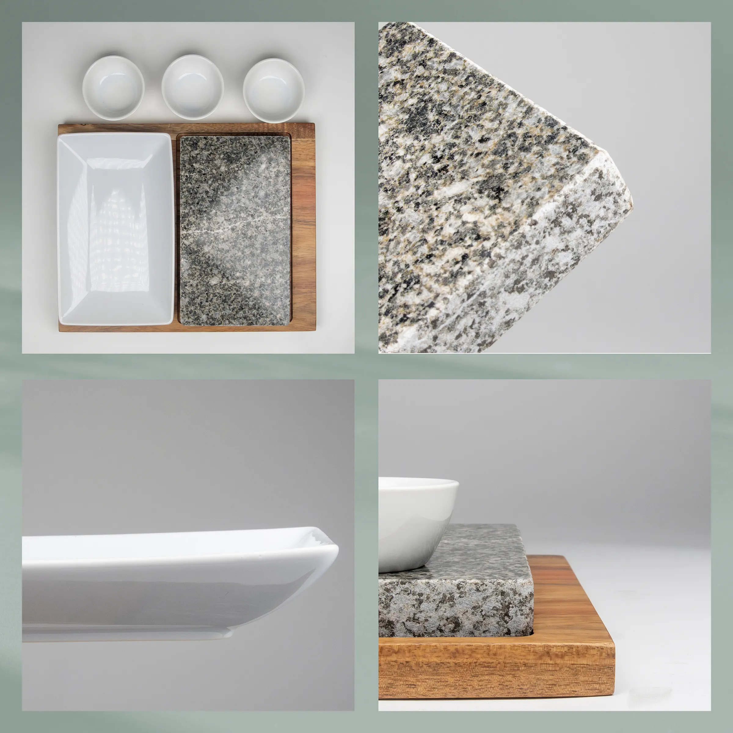 Granit Servierplatten und Keramikschalen - Moderne Küchen- und Badaccessoires Weiße Keramikschalen und Granit-Servierplatte auf Holzbrett, moderne Küchen- und Badezimmerprodukte