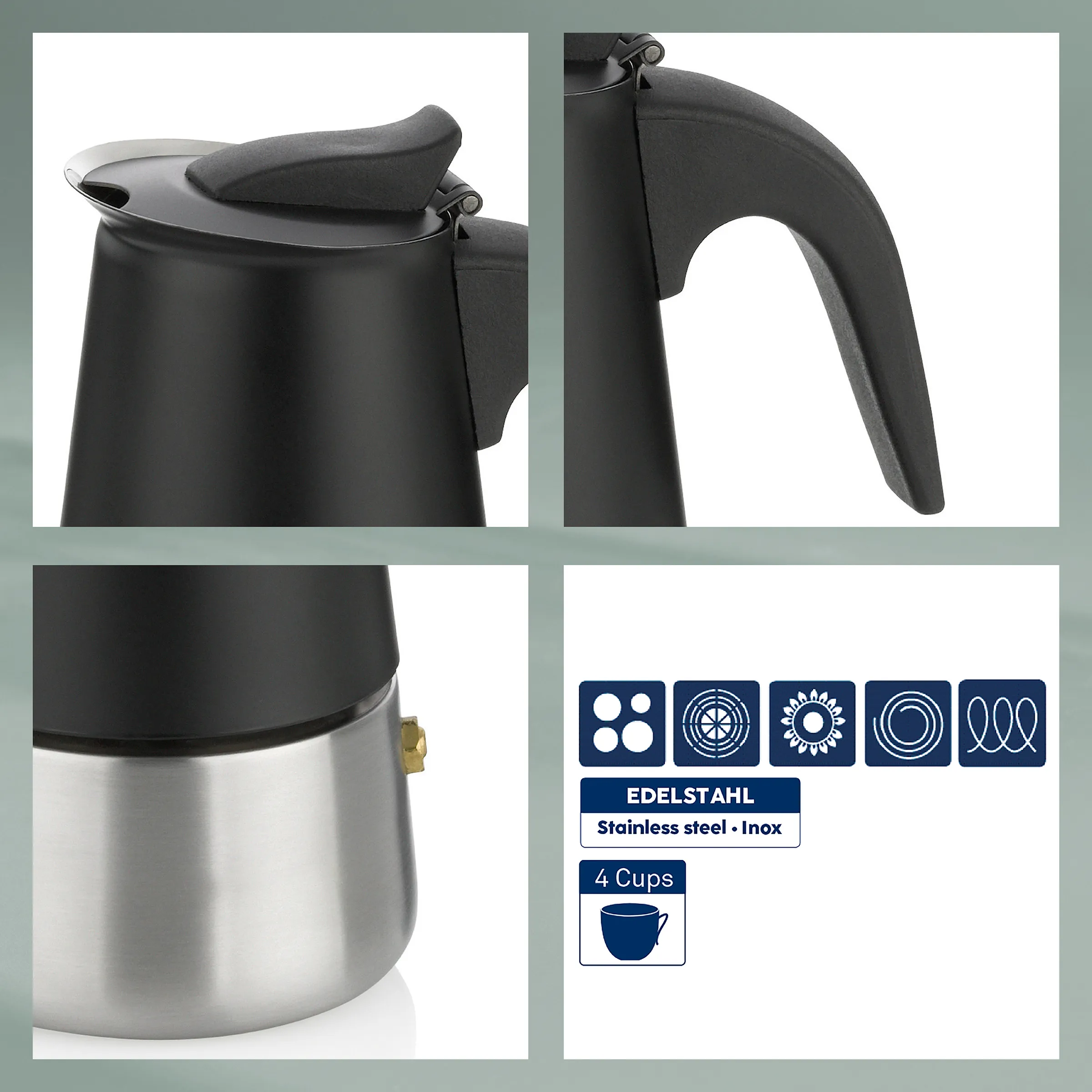 Edelstahl Kaffekanne 4 Cups - Thermokanne Inox Edelstahl Kaffekanne mit schwarzem Griff und Deckel, 4 Tassen Fassungsvermögen, verschiedene Ansichten und Produktspezifikationen