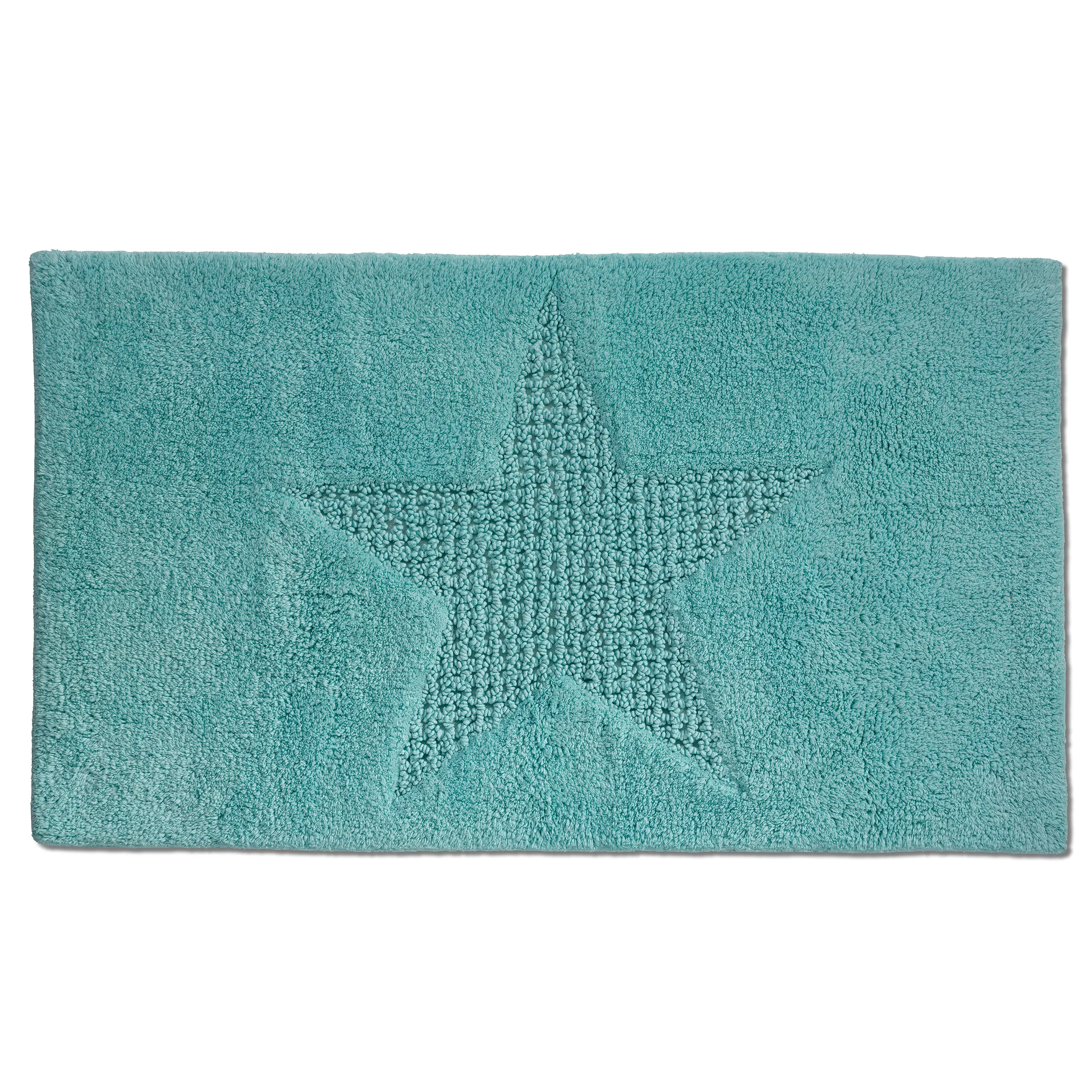 Badematte Türkis mit Seestern-Design – Badteppich aus Baumwolle Türkisfarbene Badematte mit Seestern-Motif aus weichem Textil auf weißem Hintergrund