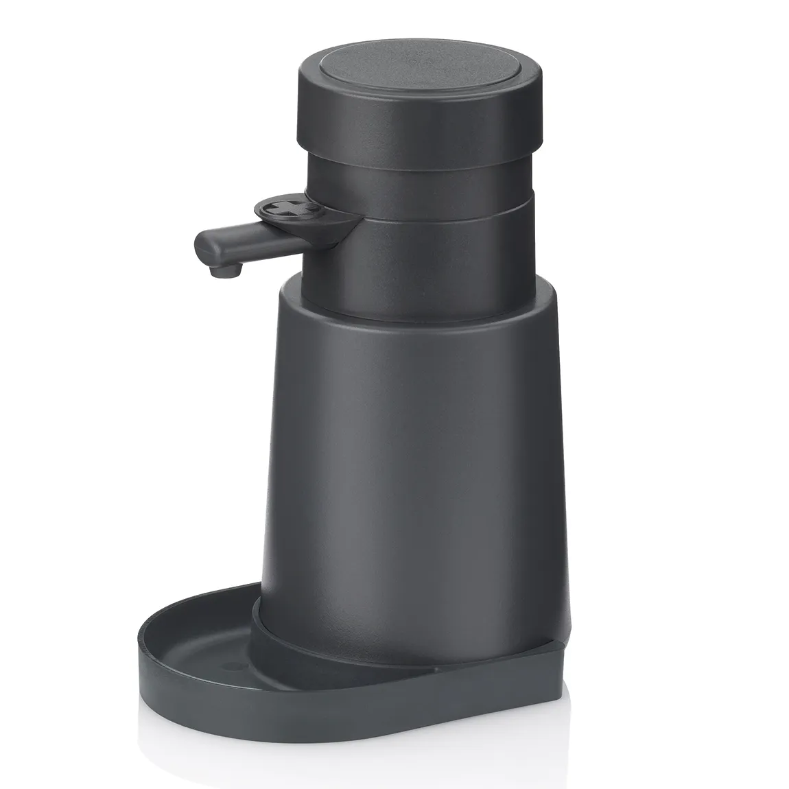 Seifenspender schwarz mit Pumpe und Auffangschale - moderne Badezimmer-Accessoires Schwarzer Seifenspender aus Kunststoff mit Pumpmechanismus und integrierter Tropfschale auf weißem Hintergrund