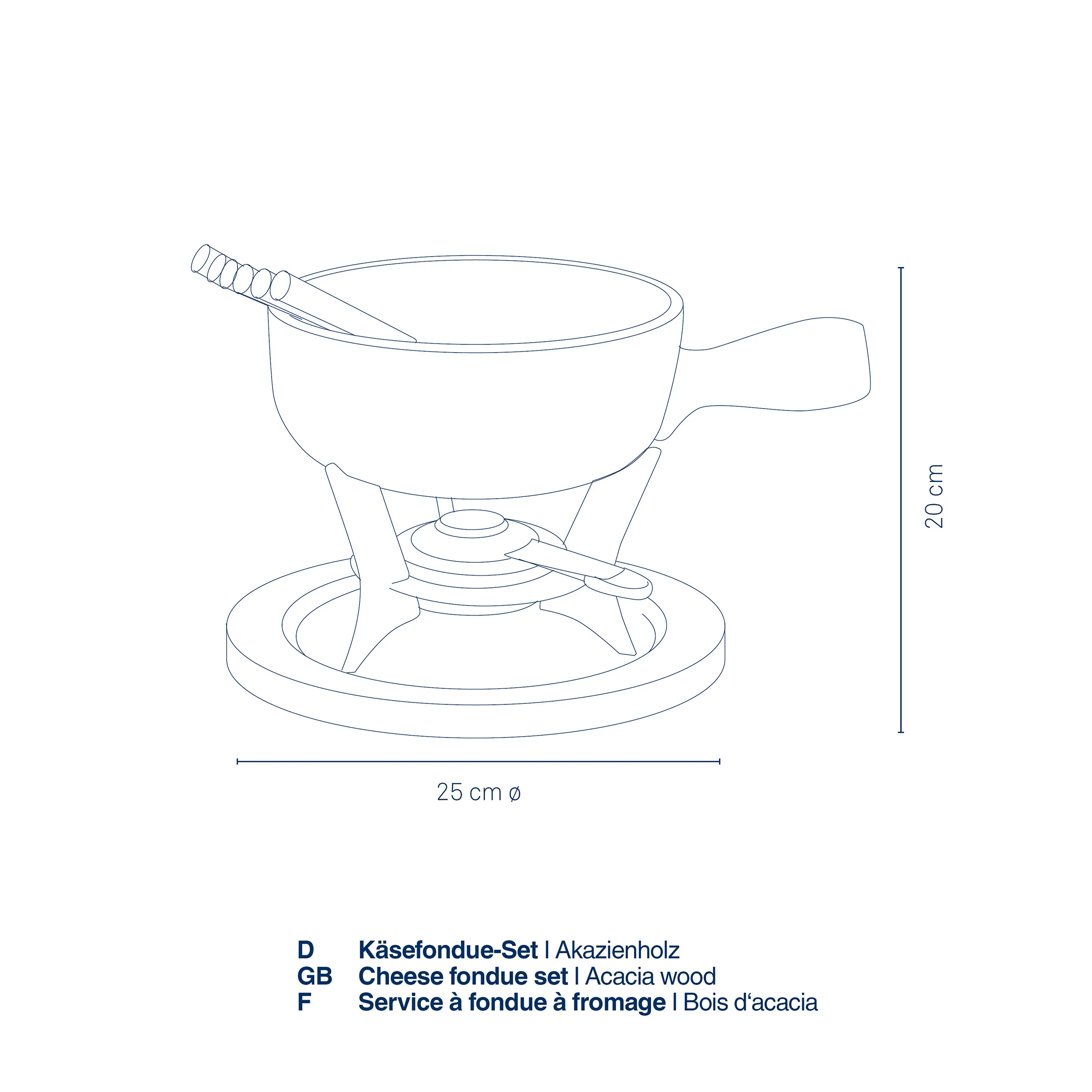 Käsefondue-Set Akazienholz mit Rechaud und Brenner Käsefondue-Set aus Akazienholz mit Topf, Rechaud und Brenner, 25 cm Durchmesser, 20 cm Höhe