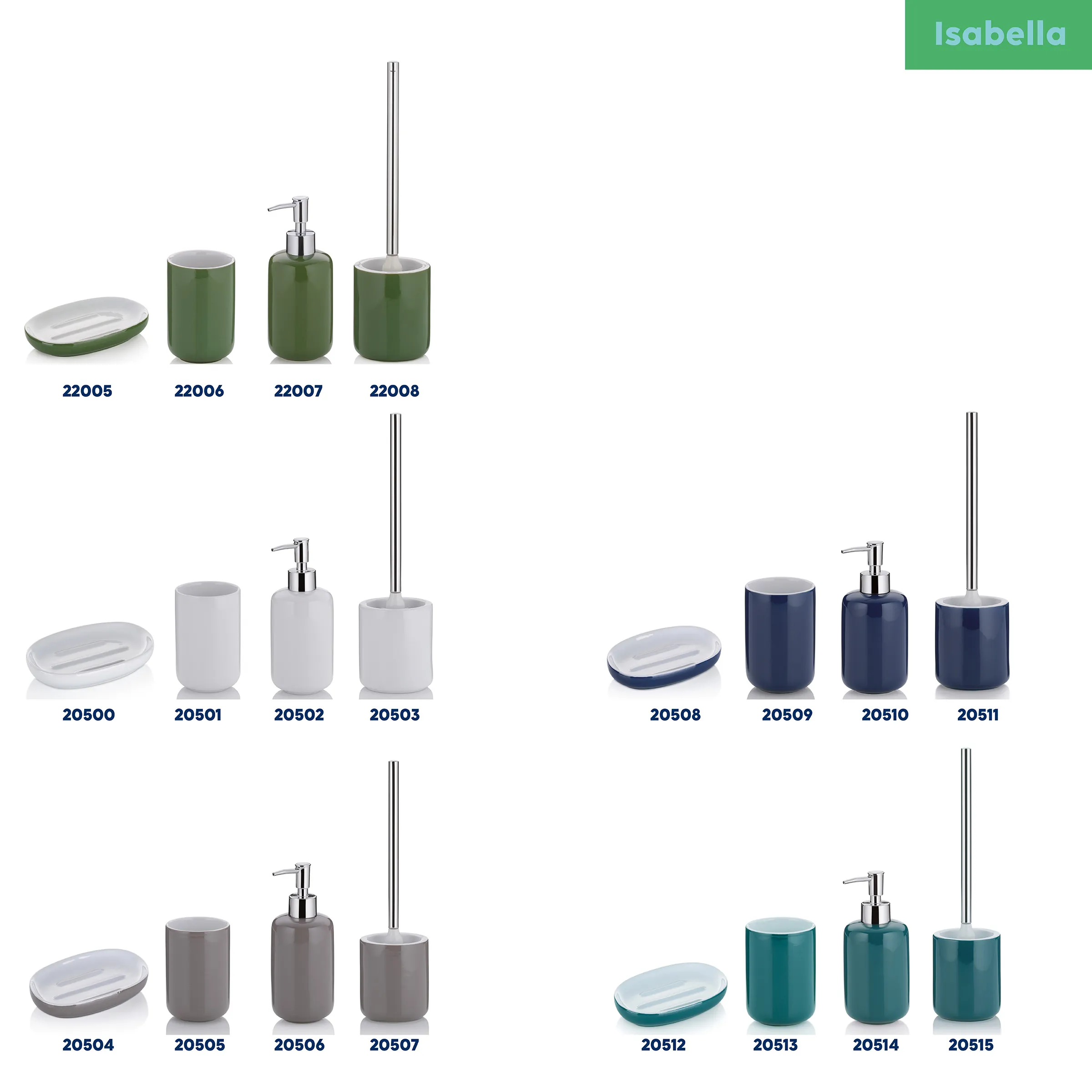 Isabella Badezimmer-Accessoires Set - Seifenspender, WC-Bürste, Zahnputzbecher in verschiedenen Farben Isabella Badezimmer-Accessoires in verschiedenen Farben: Grün, Weiß, Blau, Grau und Türkis mit Seifenspender