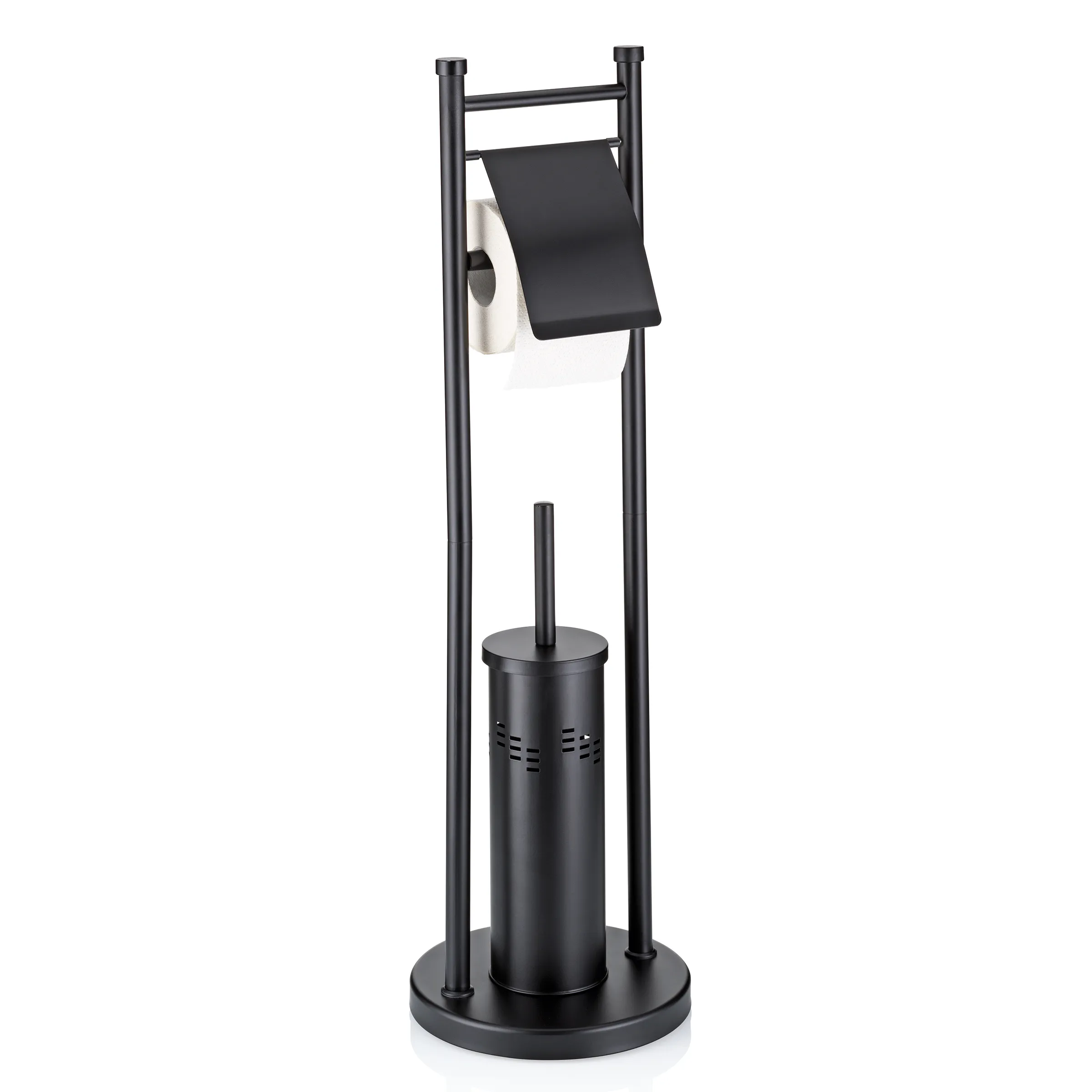 Schwarzes WC-Garnitur-Set aus Metall mit Toilettenpapierhalter, Ersatzrollenhalter und WC-Bürste auf rundem Sockel