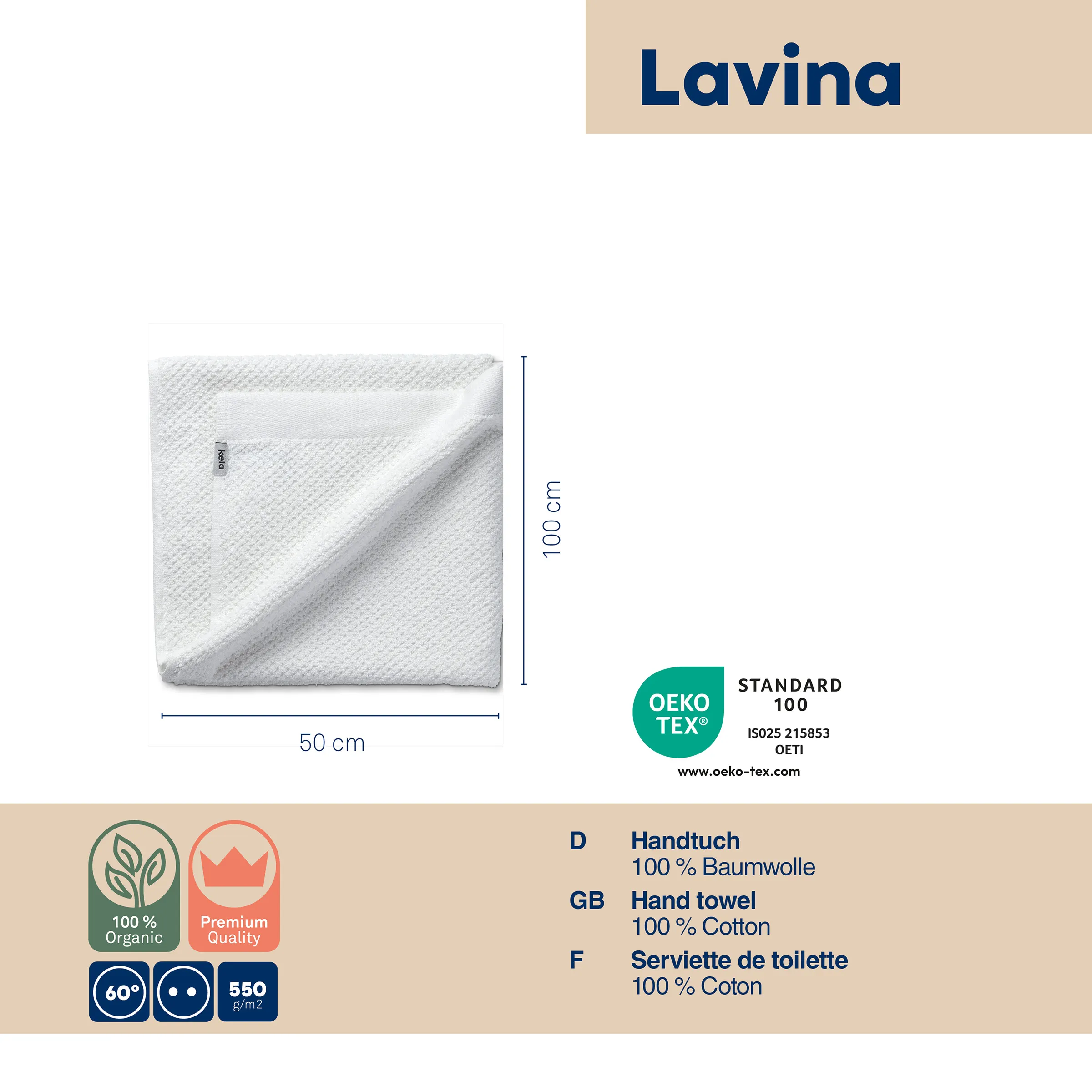 Lavina Handtuch 100% Baumwolle 50x100 cm Lavina Handtuch aus 100% Baumwolle, weiß, 50x100 cm, mit OEKO-TEX Standard 100 Zertifikat