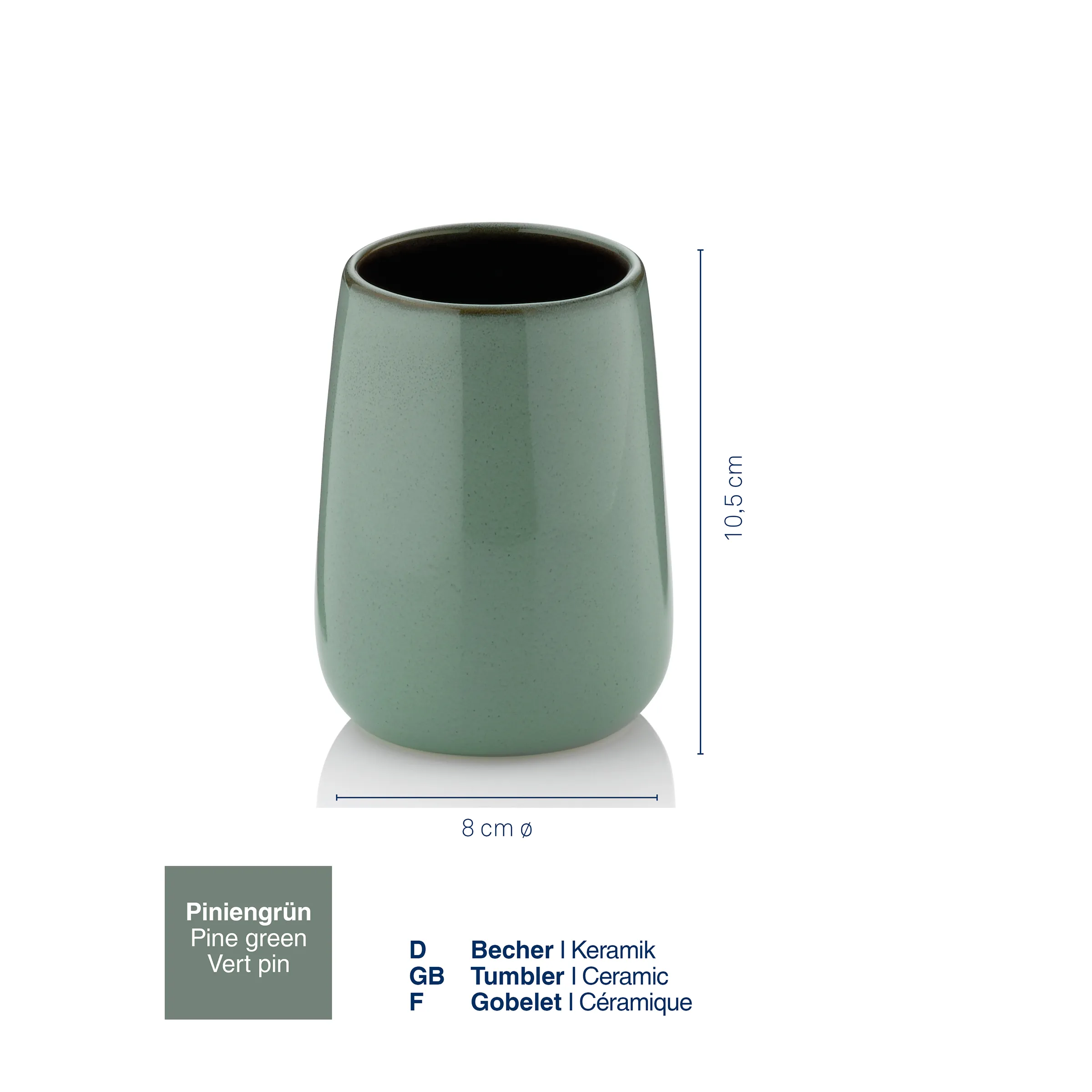 Keramik-Becher in Piniengrün, 10,5 cm hoch, 8 cm Durchmesser, mit hochglänzender Glasur und schwarzem Innenglasur.