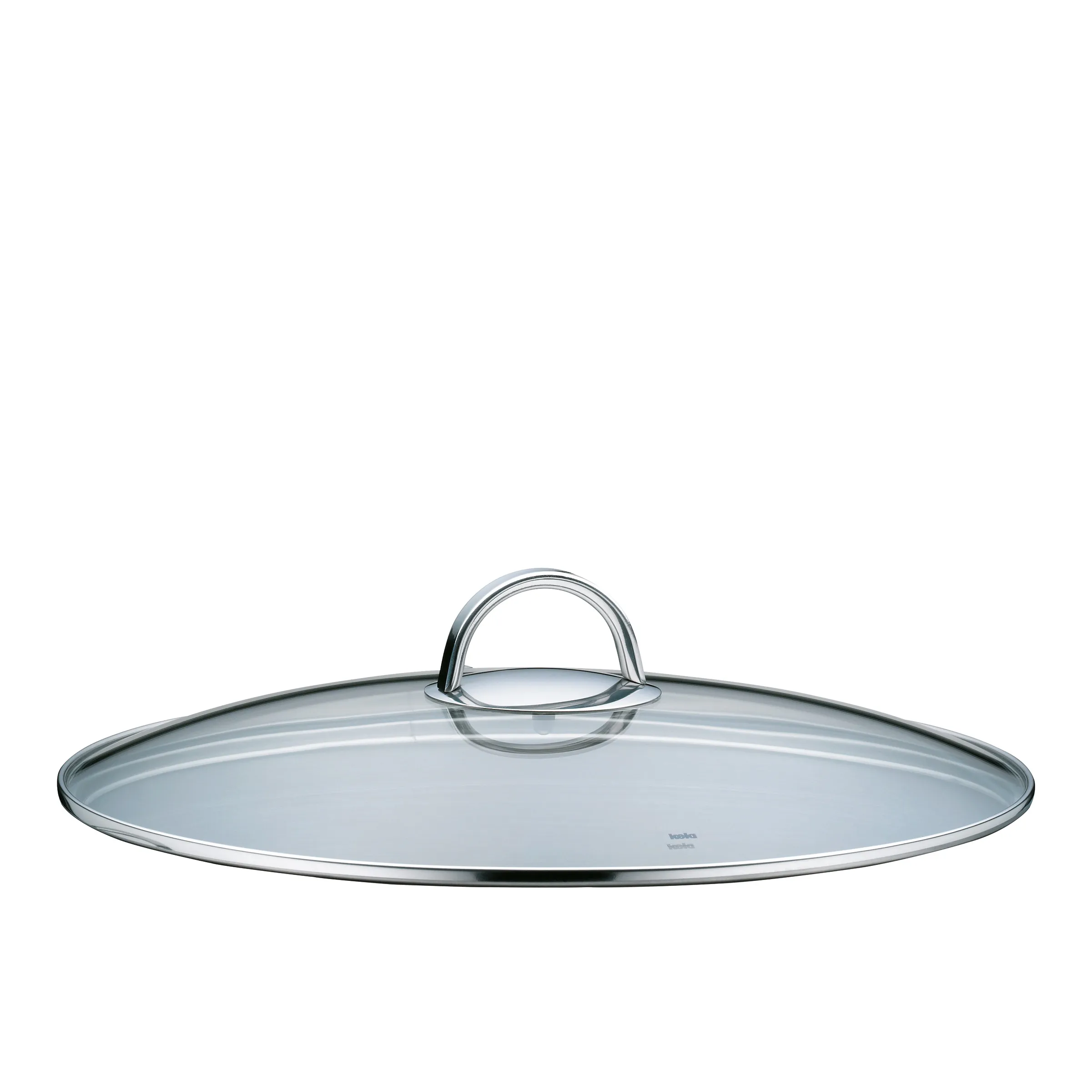 Transparenter Glasdeckel mit stahlerner Griff und Rand auf weißem Hintergrund, rundliche flache Form für Topf oder Pfanne.