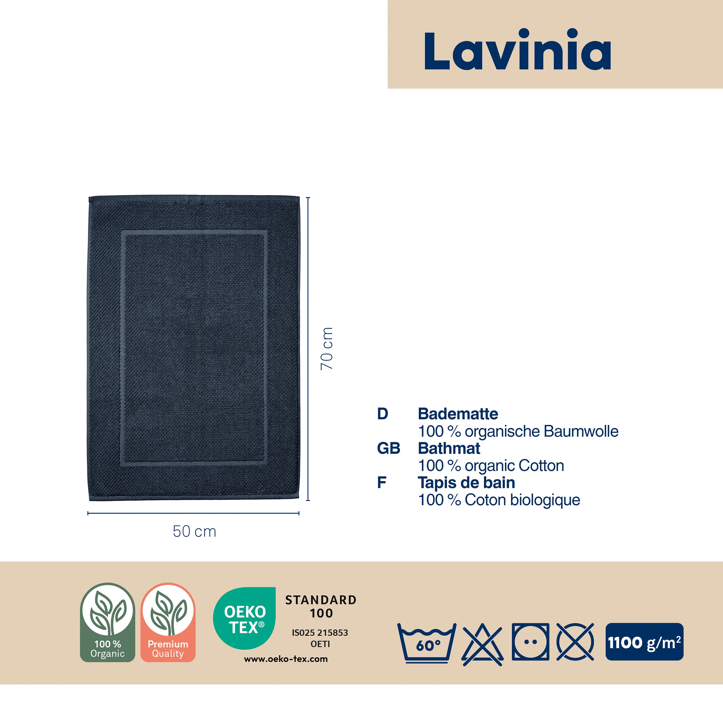 Lavinia Badematte Bio-Baumwolle 50x70 cm Dunkelblaue Badematte Lavinia aus 100% organischer Baumwolle mit Abmessungen 50x70 cm und OEKO-TEX Standard 100 Zertifizierung.