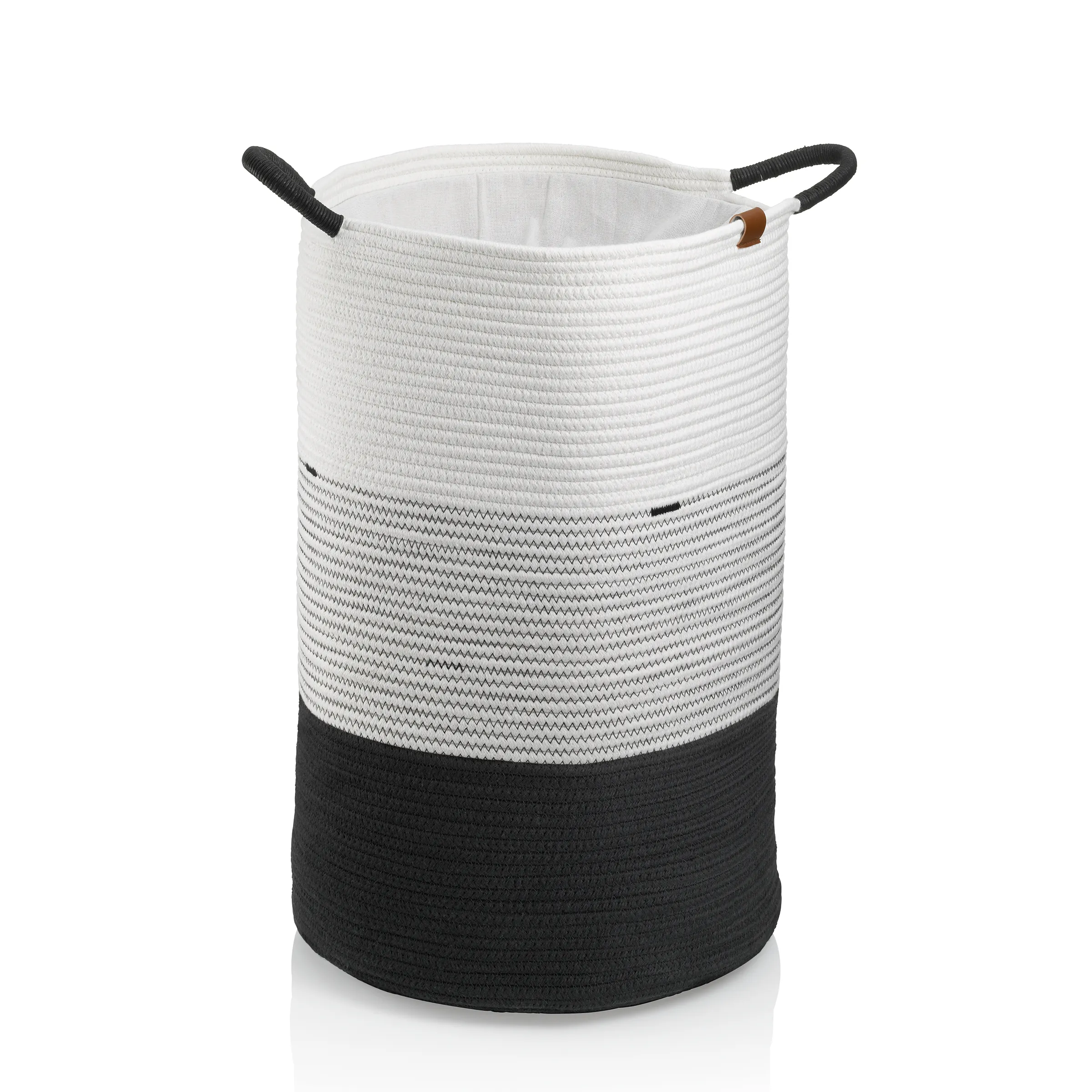 Wäschekorb Lagerungsbox mit modernem Farbdesign Weiße Wäschetonne mit grauem Muster und schwarzem Boden, schwarze Griffe mit braunem Lederdekor.