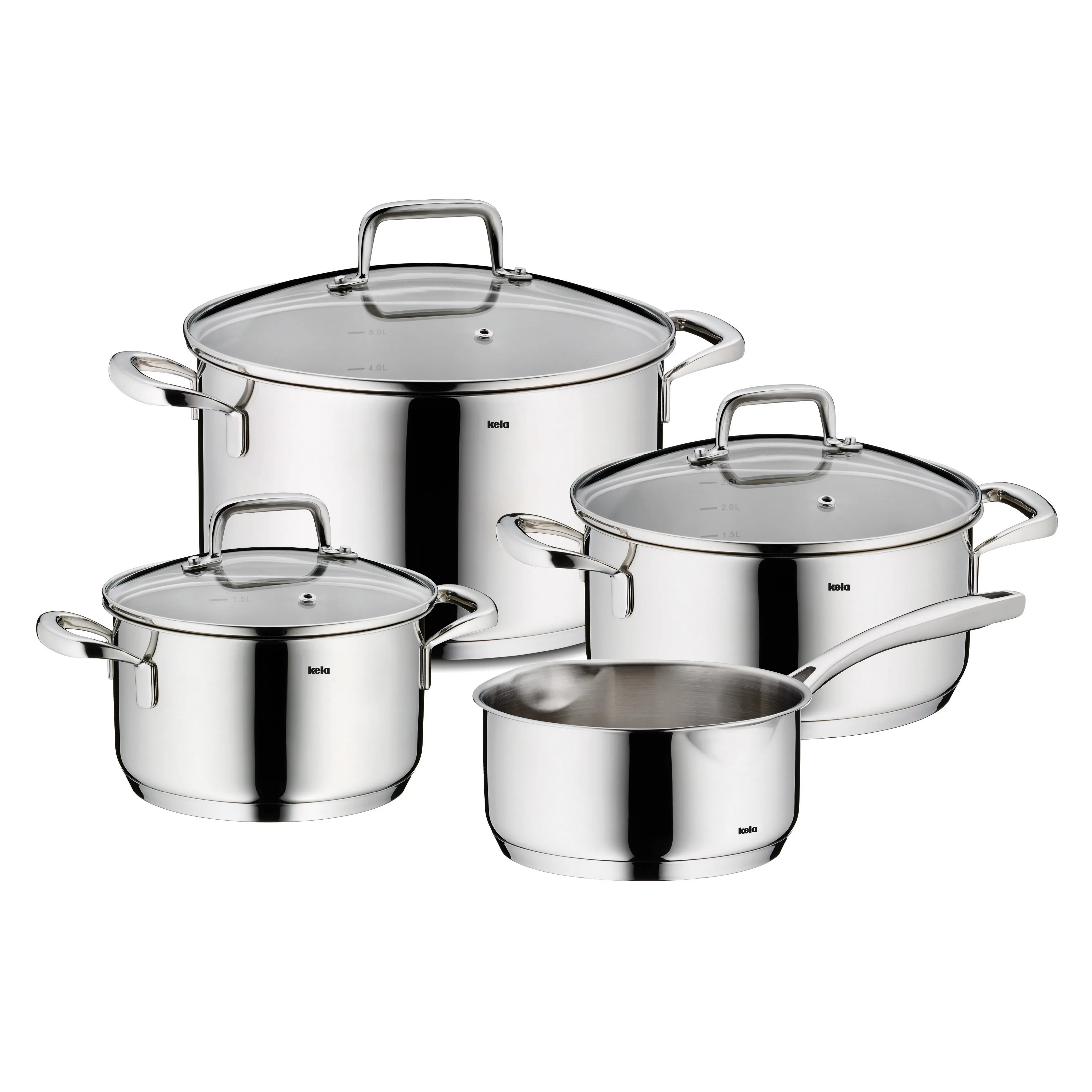 Edelstahl-Kochgeschirr-Set mit vier Töpfen verschiedener Größen und Glasdeckeln von Fissler