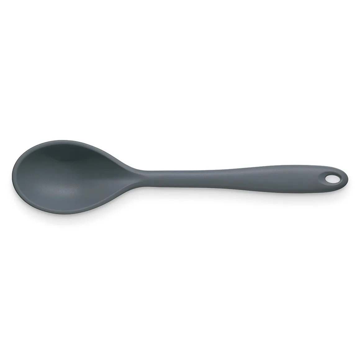 Silikon-Kochlöffel grau - hitzebeständiges Küchenutensil mit Aufhängeloch Graue Silikon-Kochlöffel mit rundem Kopf und langem Griff mit Aufhängeloch auf weißem Hintergrund