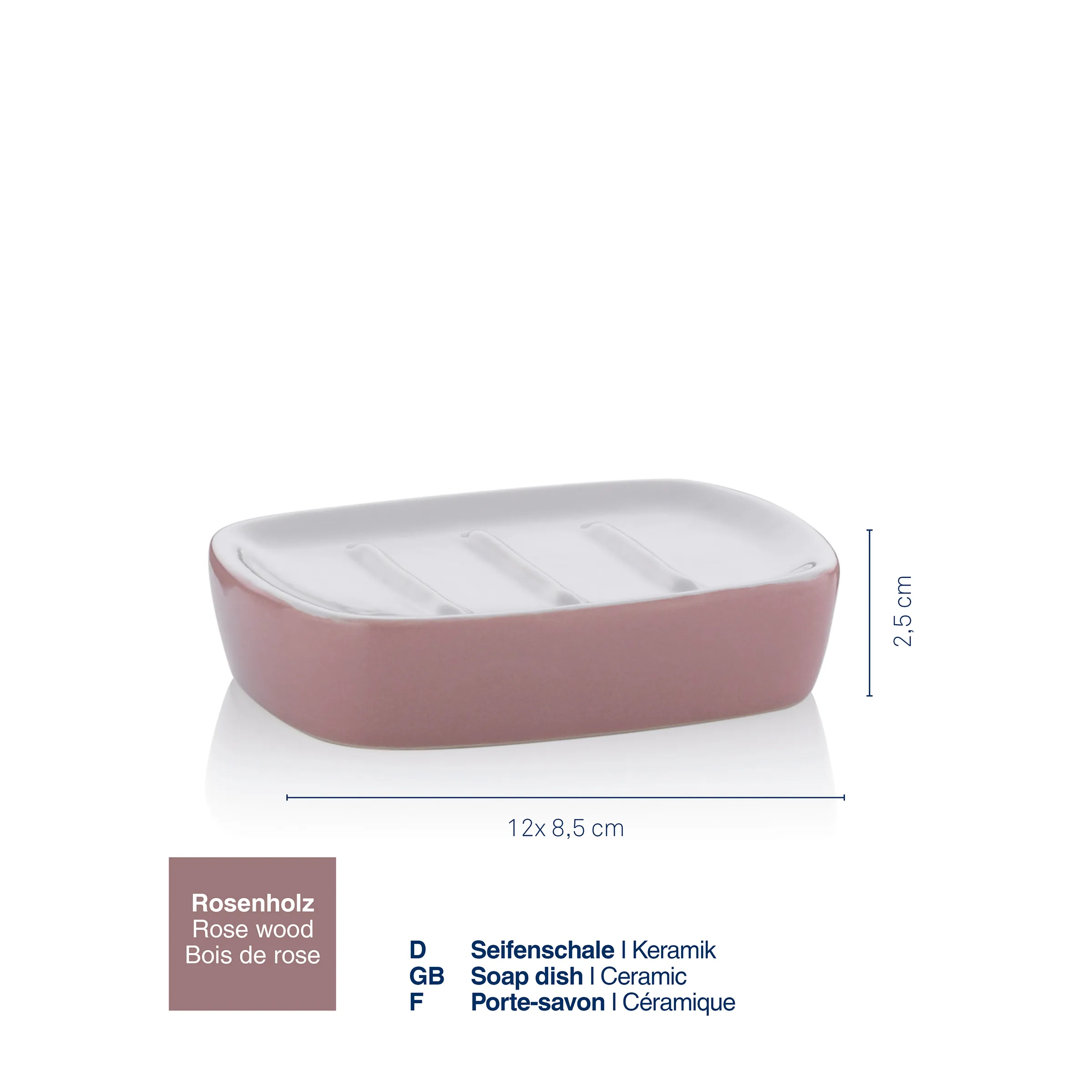 Seifenschale Keramik Rosa - Rosenholz Design Seifenablage Rosa Keramik-Seifenschale mit weißer Innenseite und Rillen, 12x8,5x2,5 cm, Rosenholz-Farbton