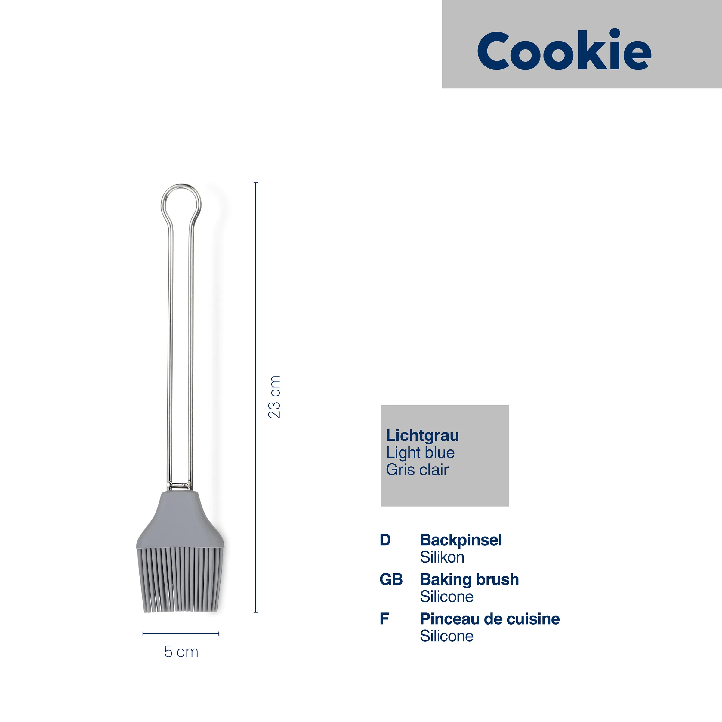 Hellblaue Silikon-Backpinsel Cookie mit 23 cm Länge und 5 cm breitem Kopf vor weißem Hintergrund.