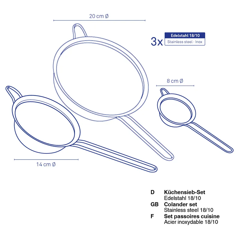 Küchensieb-Set Edelstahl 18/10 - 3-teiliges Passoires-Set Küchensieb-Set aus Edelstahl 18/10 in drei Größen (20 cm, 14 cm, 8 cm) mit Griffen auf weißem Hintergrund