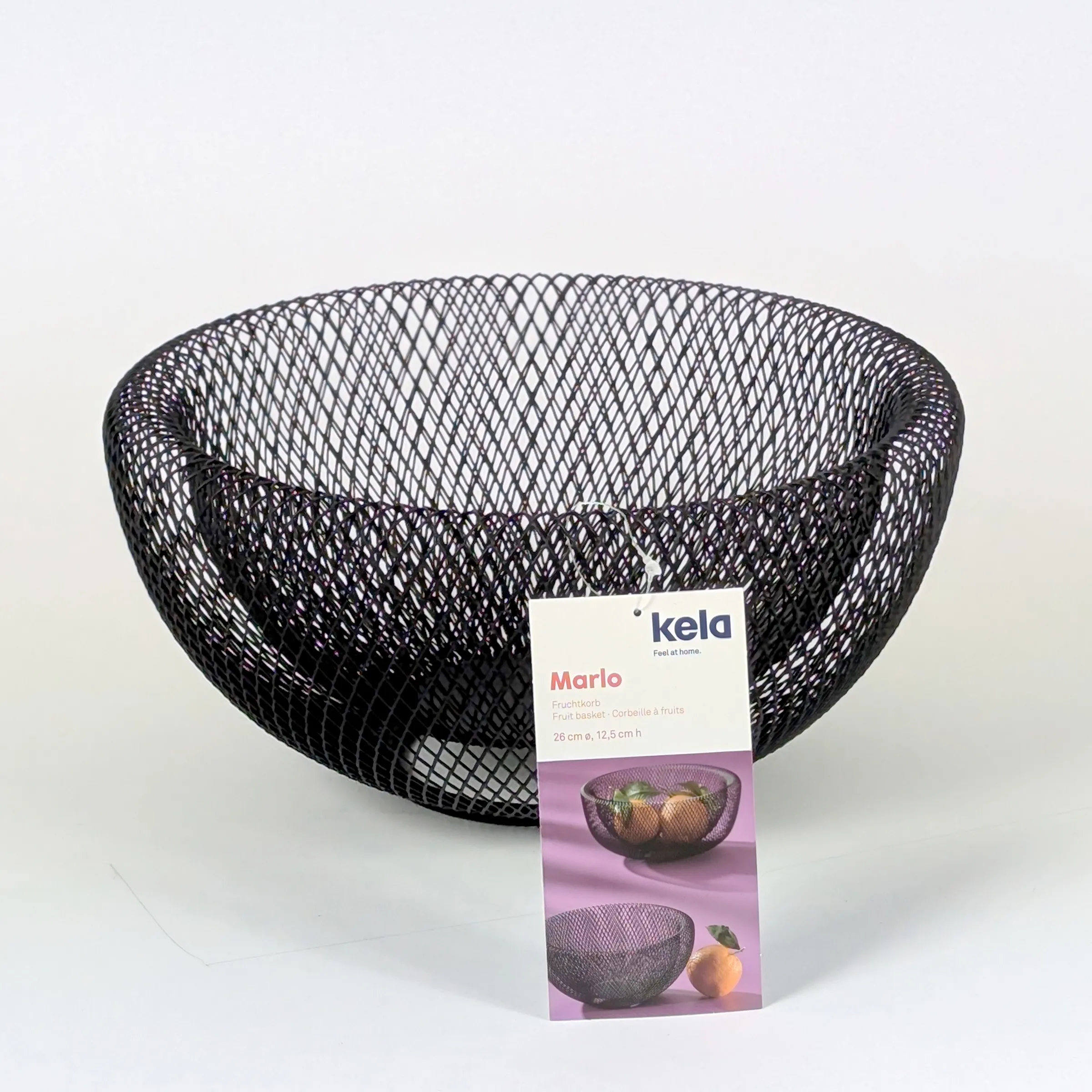 Kela Marlo Obstkorb Metall schwarz 26cm - Drahtkorb für Früchte Kela Marlo Fruchtkorb aus schwarzem Metalldraht mit Etikett, 26 cm Durchmesser