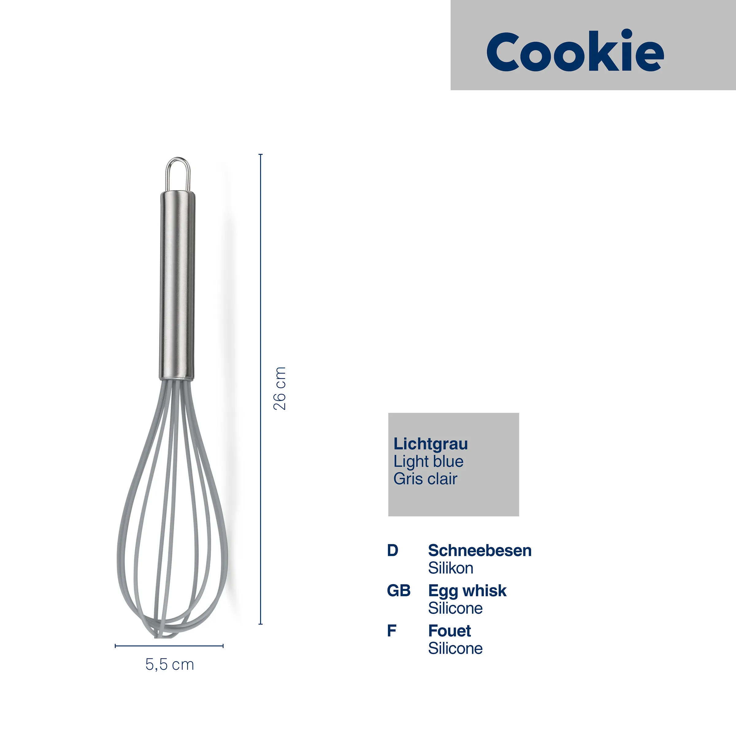 Silikon-Schaumschläger Cookie mit Edelstahlgriff, 26 cm lang, 5,5 cm Durchmesser, Lichtgrau