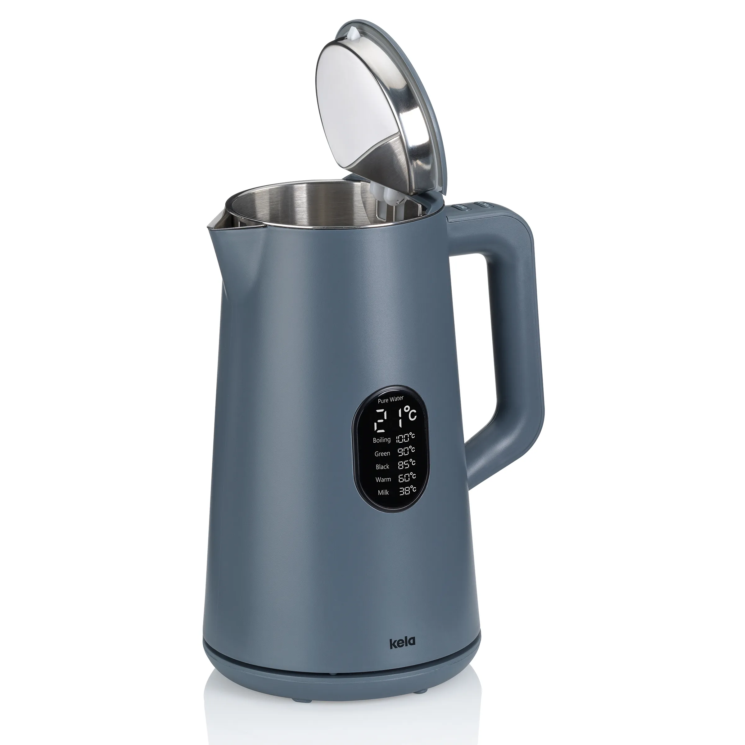 Digitaler Wasserkocher mit Temperaturkontrolle Blauer Wasserkocher mit Temperaturregler und digitales Display. Edelstahlinnentopf, Griff und geöffneter Deckel sichtbar.