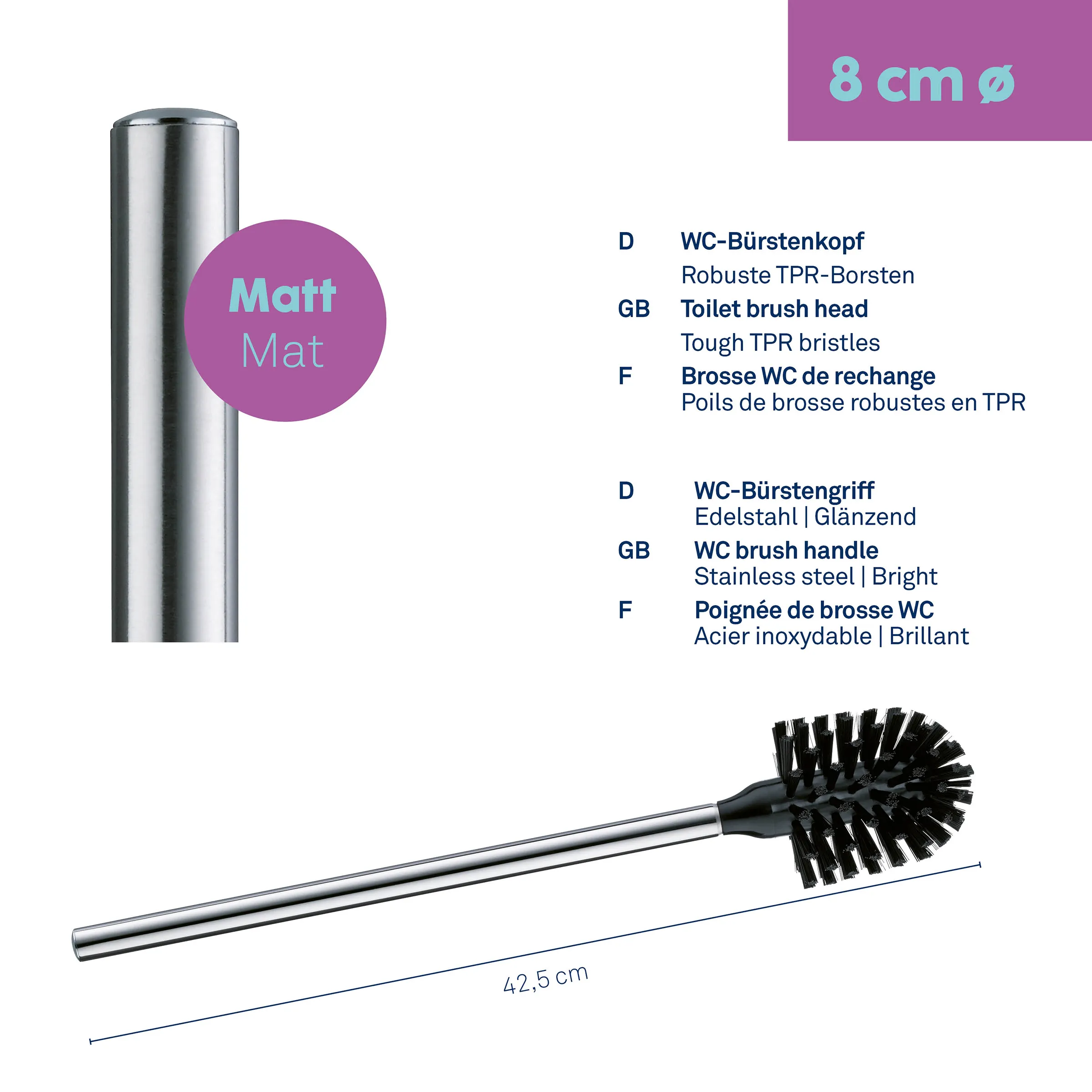 WC-Bürste Edelstahl matt mit TPR-Borsten - Toilettenbürste 42,5 cm WC-Bürste mit mattem Edelstahlgriff und schwarzem TPR-Bürstenkopf, 42,5 cm lang, 8 cm Durchmesser
