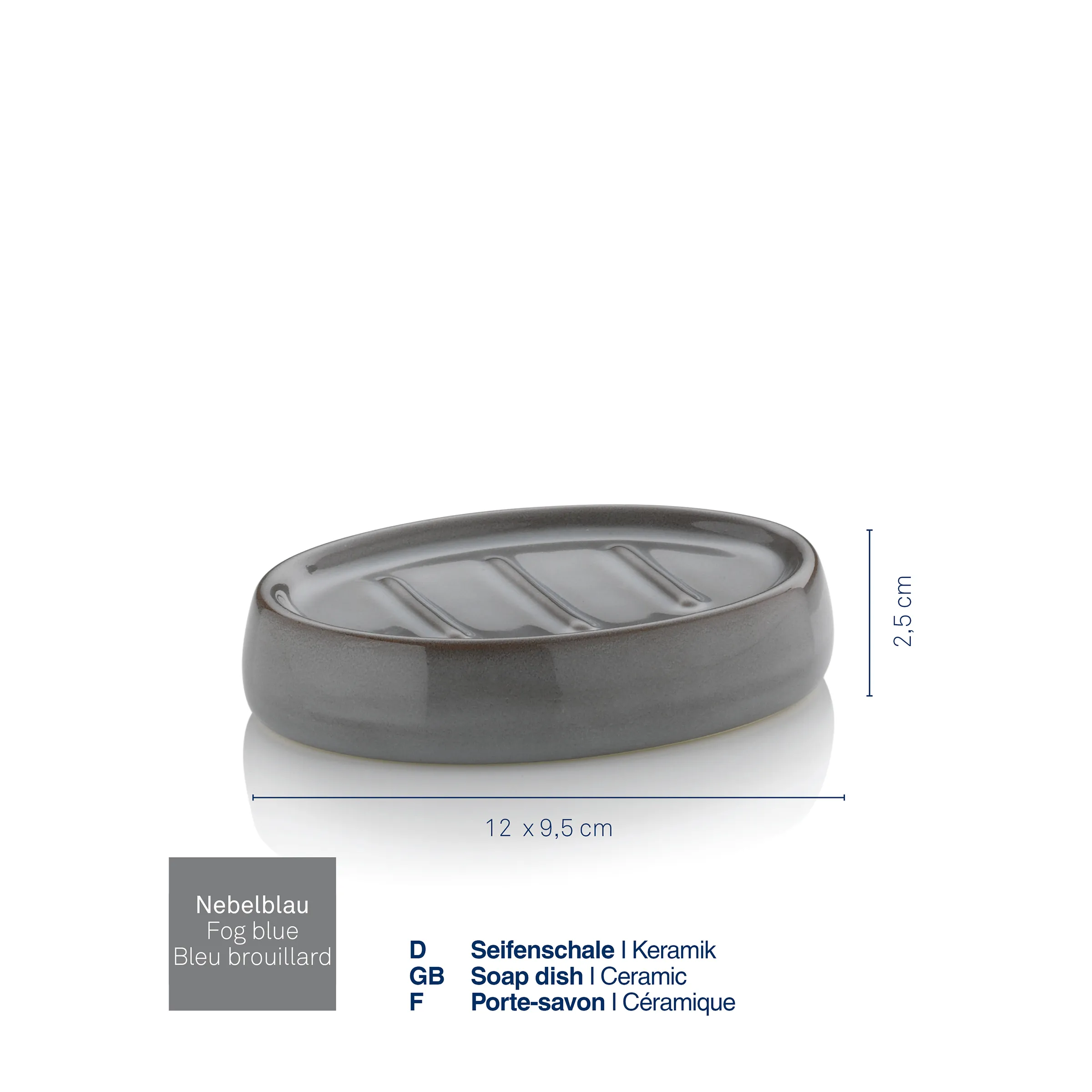 Seifenschale Keramik oval Nebelblau – gerillte Seifenablage 12 cm Ovale Seifenschale aus Keramik in Nebelblau mit gerillter Oberfläche, Maße 12 x 9,5 x 2,5 cm
