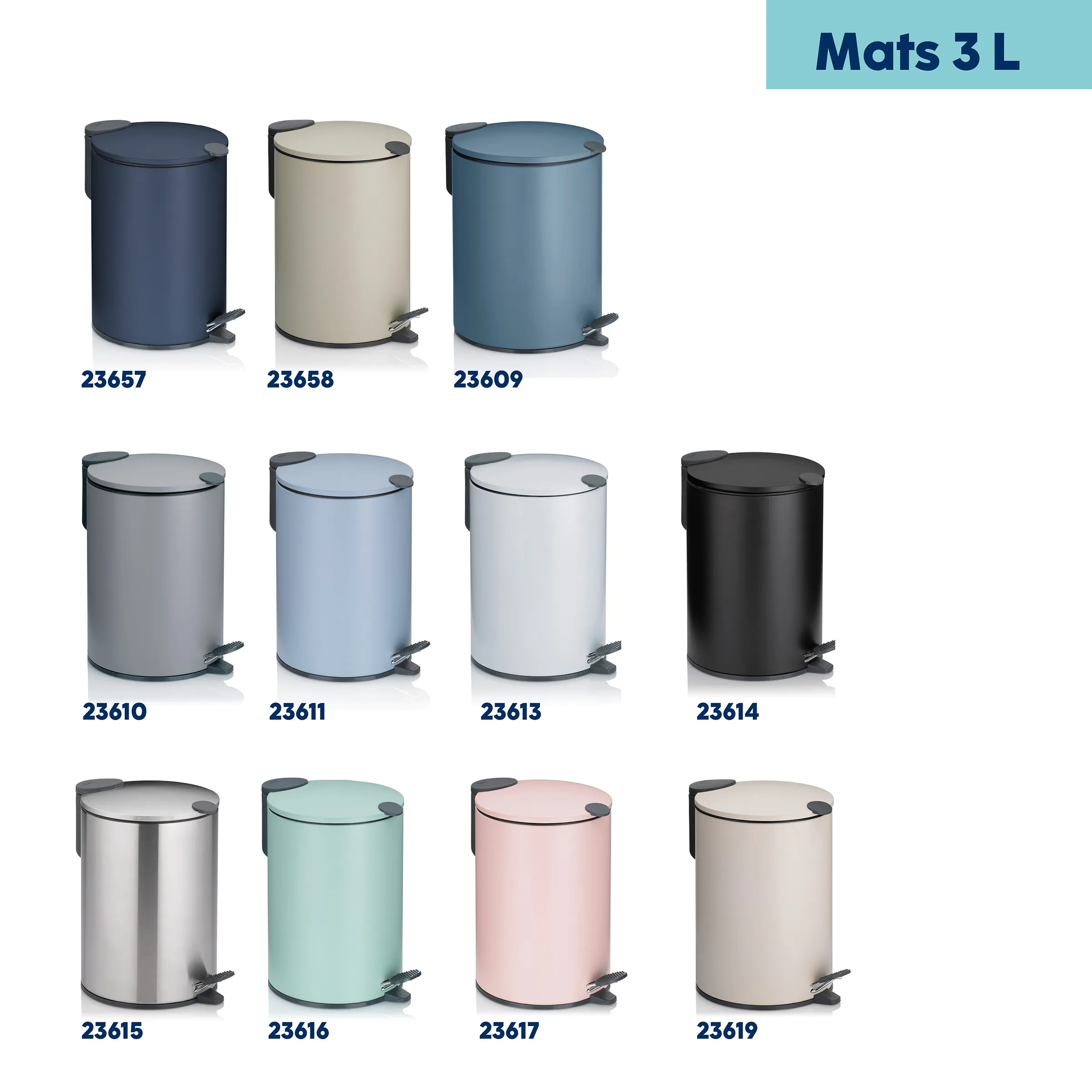 Mats Tretmülleimer 3L in 11 verschiedenen Farben: Navy, Beige, Blau, Grau, Hellblau, Weiß, Schwarz, Edelstahl, Mint, Rosa