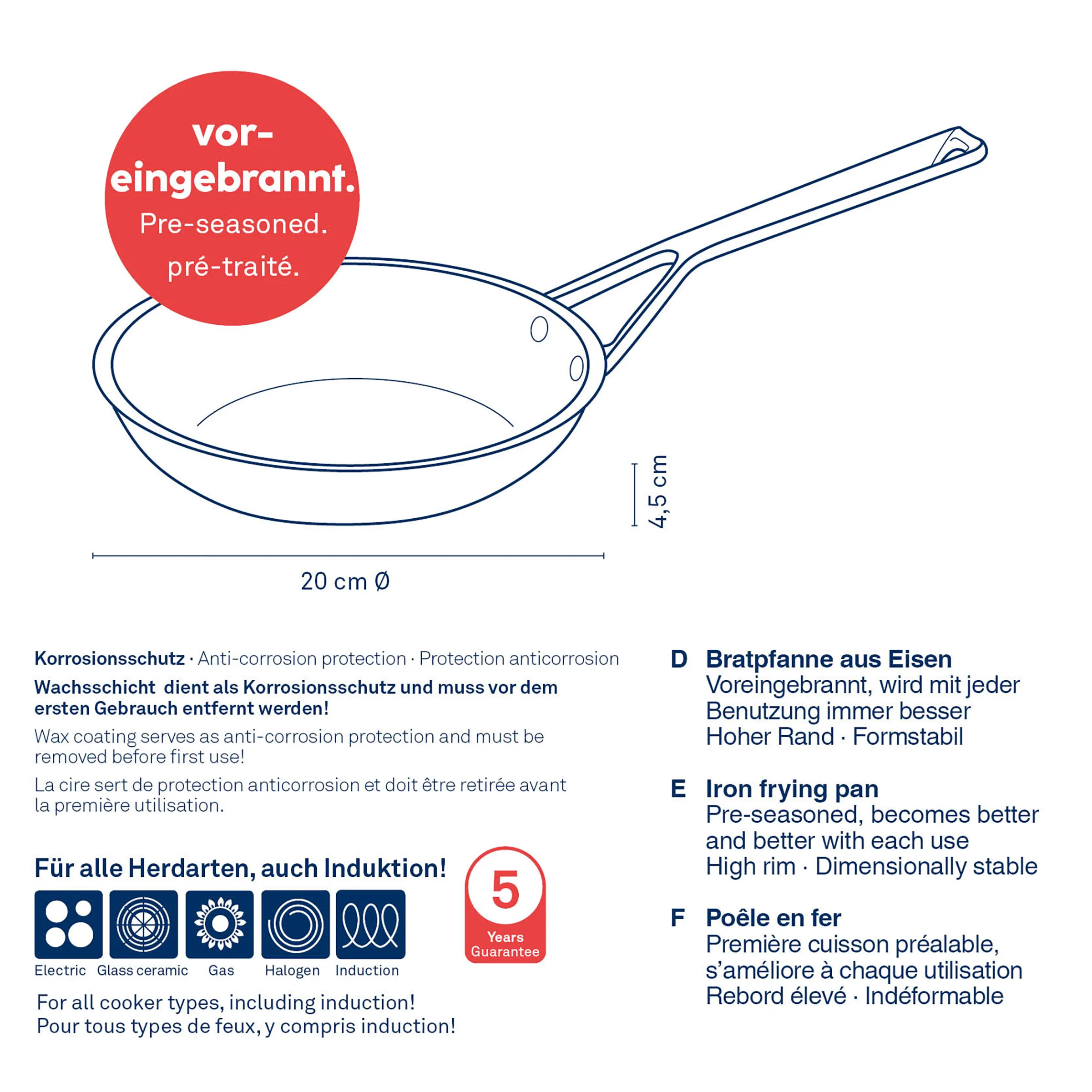 Bratpfanne aus Eisen voreingebrannt - 20 cm Durchmesser Voreingebrannte Bratpfanne aus Eisen mit 20 cm Durchmesser und 4,5 cm Höhe. Technische Zeichnung mit Maßangaben.