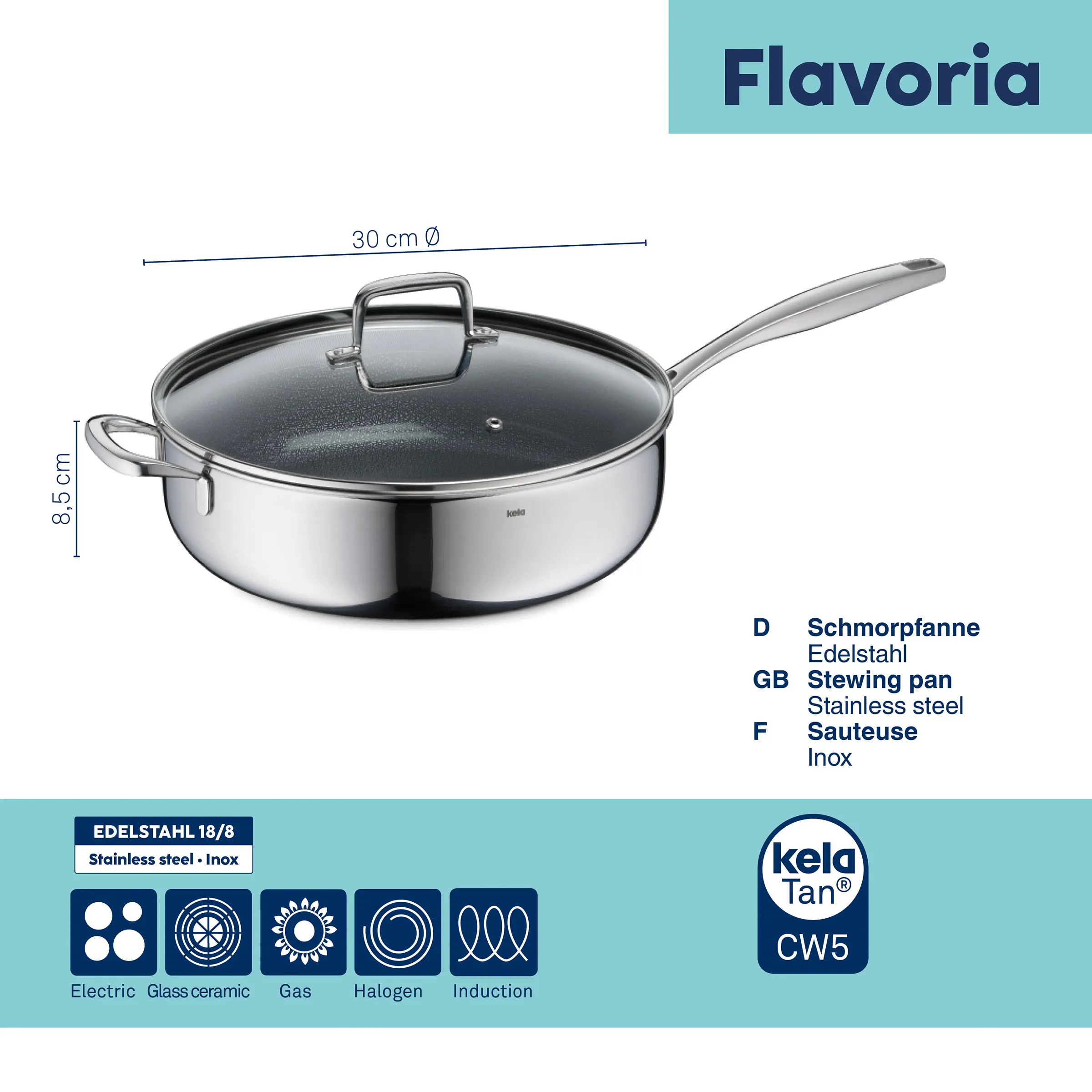 Sauteuse en acier inoxydable avec couvercle en verre, diamètre 32 cm, hauteur 8,5 cm, adaptée à tous types de cuisinière